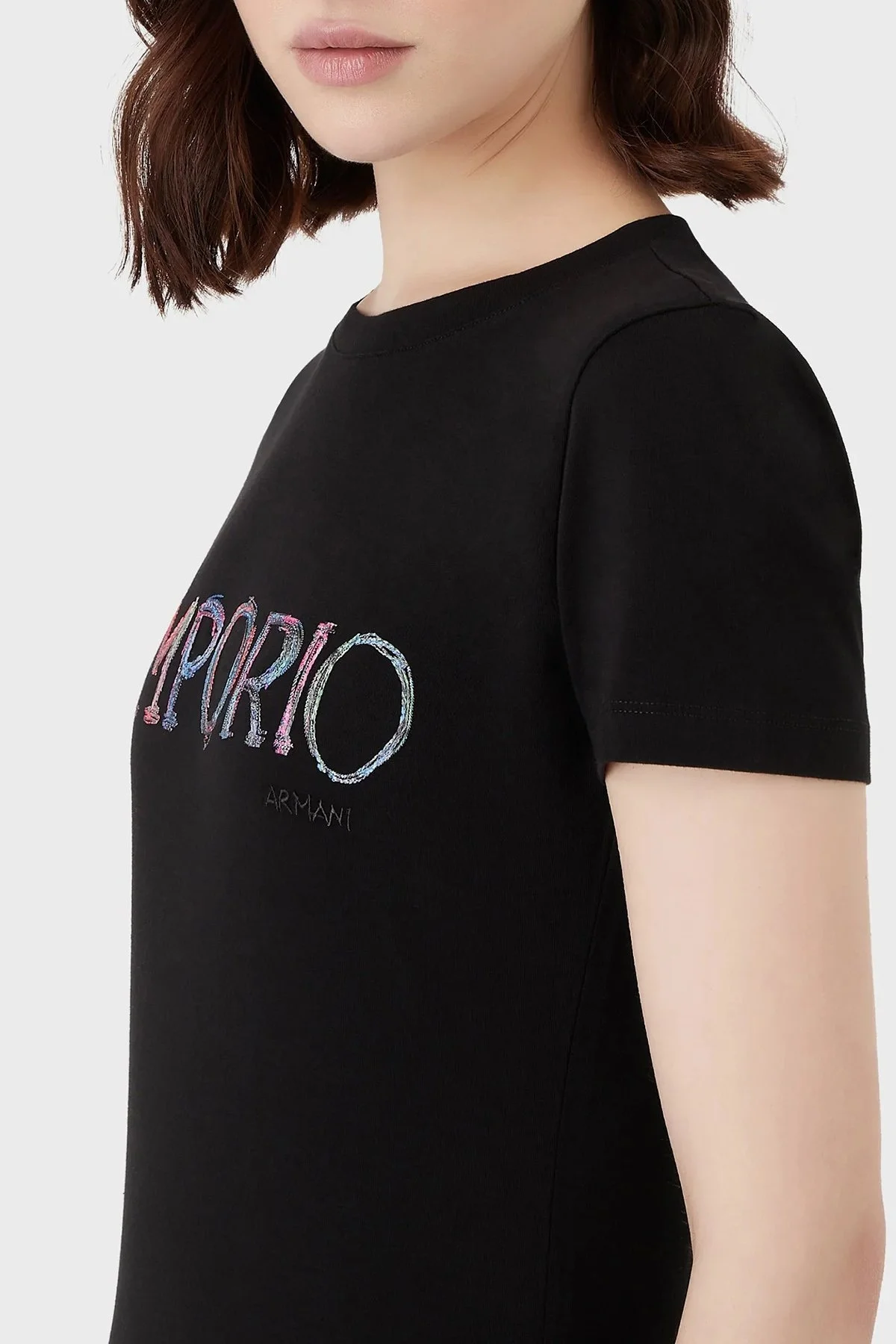 Emporio Armani Pamuklu Baskılı Slim Fit Bisiklet Yaka Bayan T Shirt 3R2T7B 2J07Z 0999 SİYAH - 4