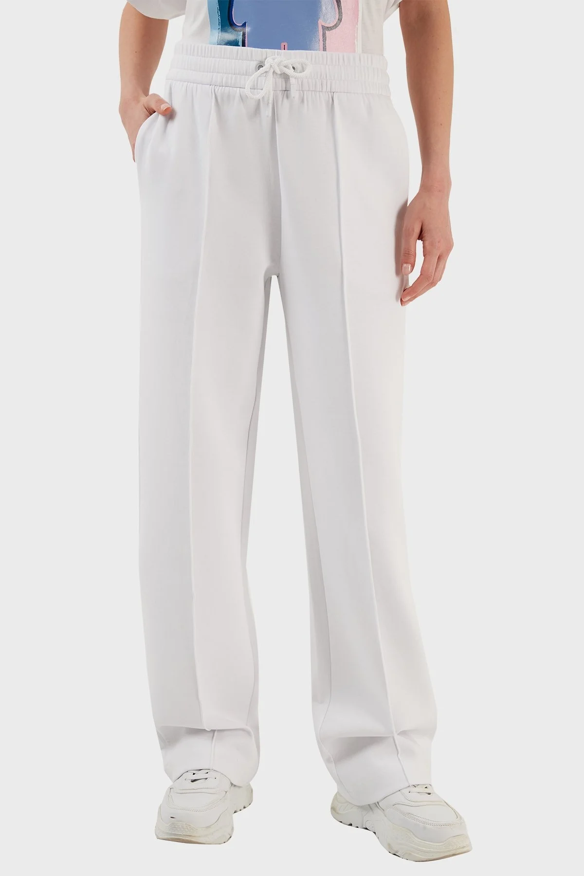 Emporio Armani Pamuklu Belden Bağlamalı Bol Paça Spor Bayan Pantolon 3R2P6E 1JHSZ 0100 BEYAZ - 9