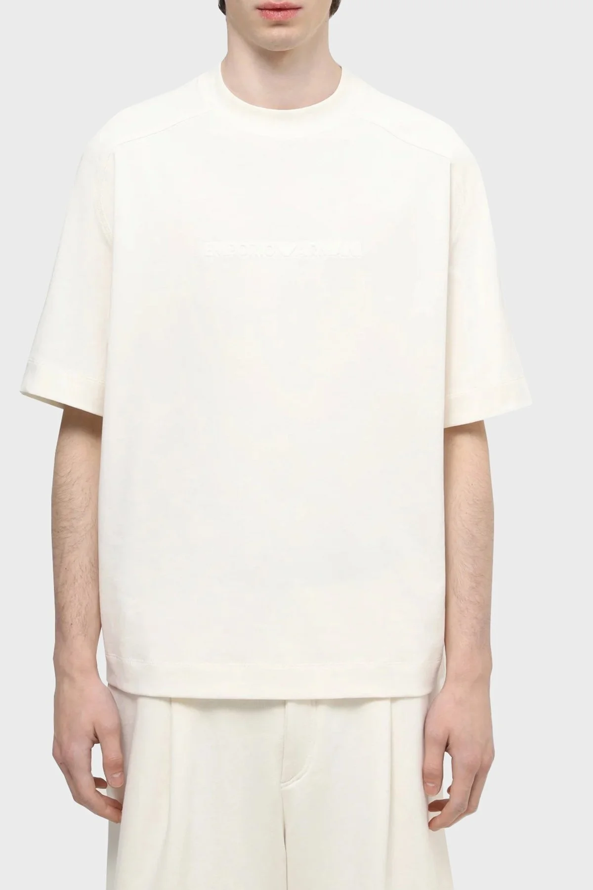 Emporio Armani Pamuklu Bisiklet Yaka Oversize Erkek T Shirt 3D1T76 1JWZZ 0128 EKRU - 1