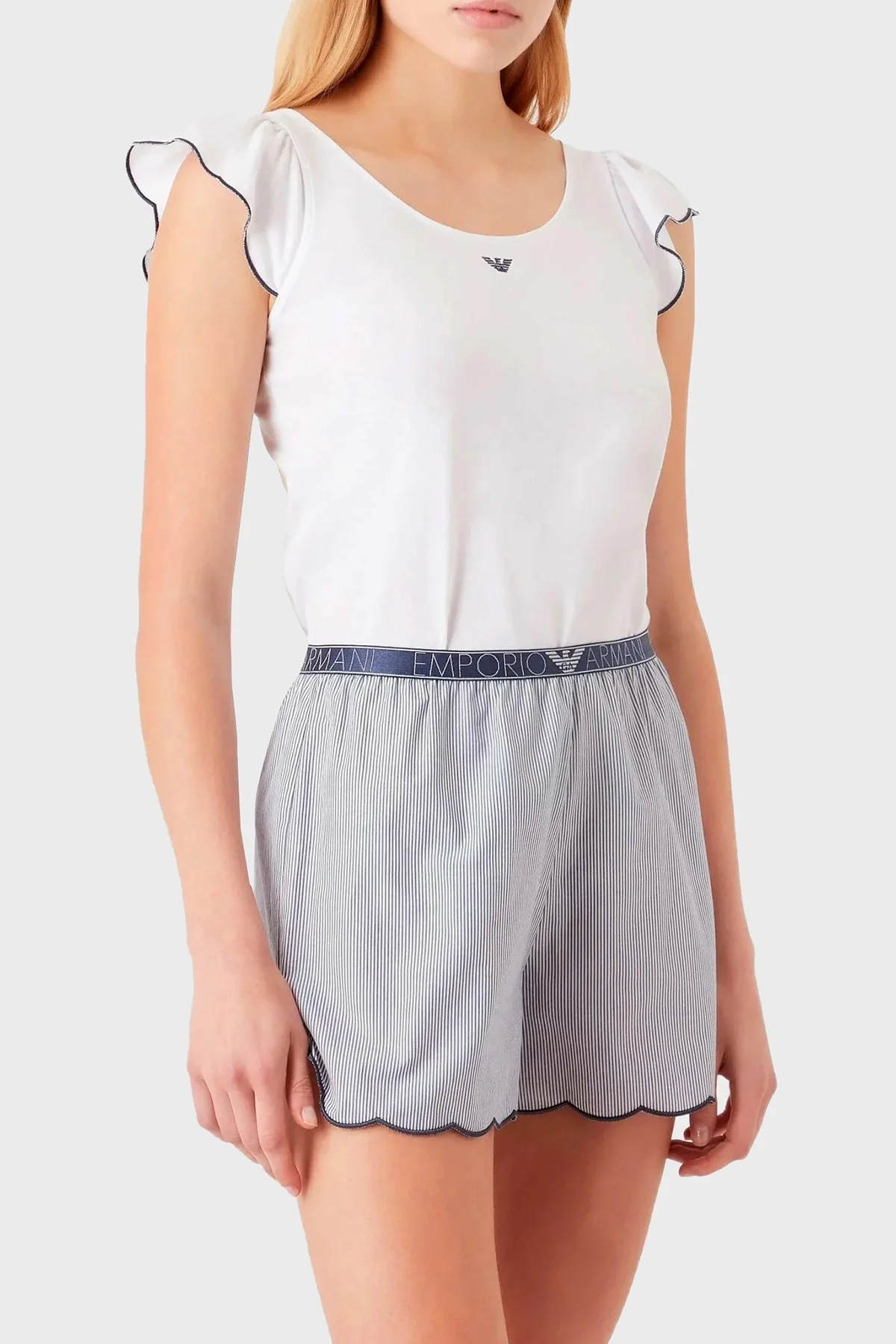 Emporio Armani Pamuklu Bisiklet Yaka Şortlu Bayan Pijama Takımı 164690 3R242 28934 BEYAZ - 1