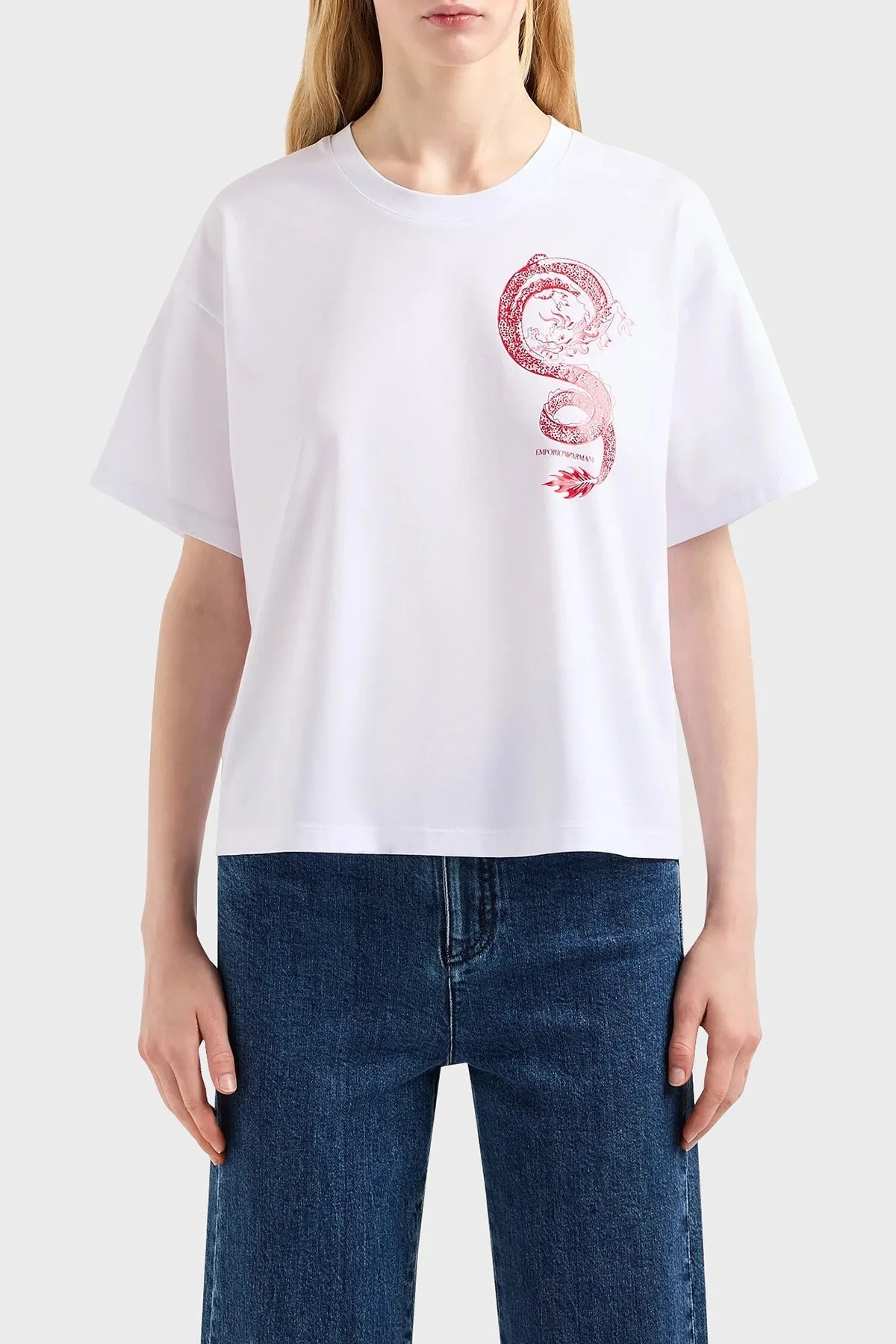 Emporio Armani Pamuklu Boxy Fit Bisiklet Yaka Bayan T Shirt EW000004 AF10003 U0001 BEYAZ - 5