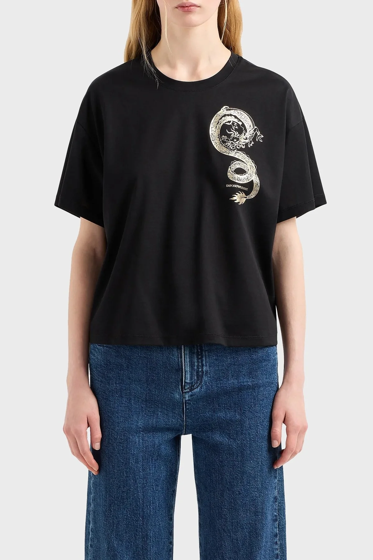 Emporio Armani Pamuklu Boxy Fit Bisiklet Yaka Bayan T Shirt EW000004 AF10003 UC001 SİYAH - 1