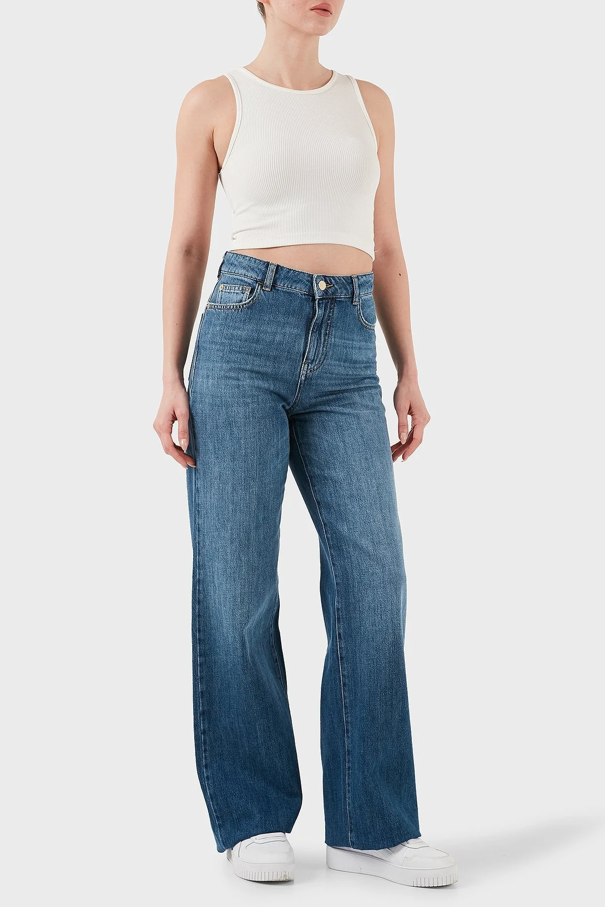 Emporio Armani Pamuklu Comfort Fit Yüksek Bel Geniş Paça Jeans Bayan Kot Pantolon EW001119 AF12676 MB002 LACİVERT - 9