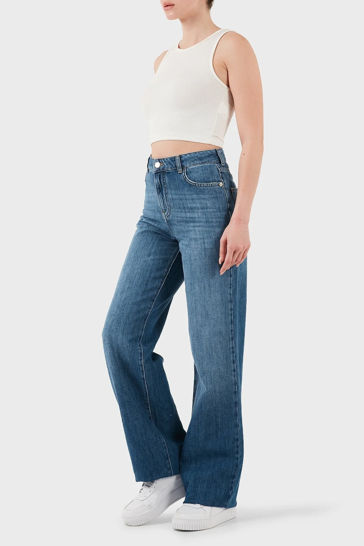 Emporio Armani Pamuklu Comfort Fit Yüksek Bel Geniş Paça Jeans Bayan Kot Pantolon EW001119 AF12676 MB002 LACİVERT - 11