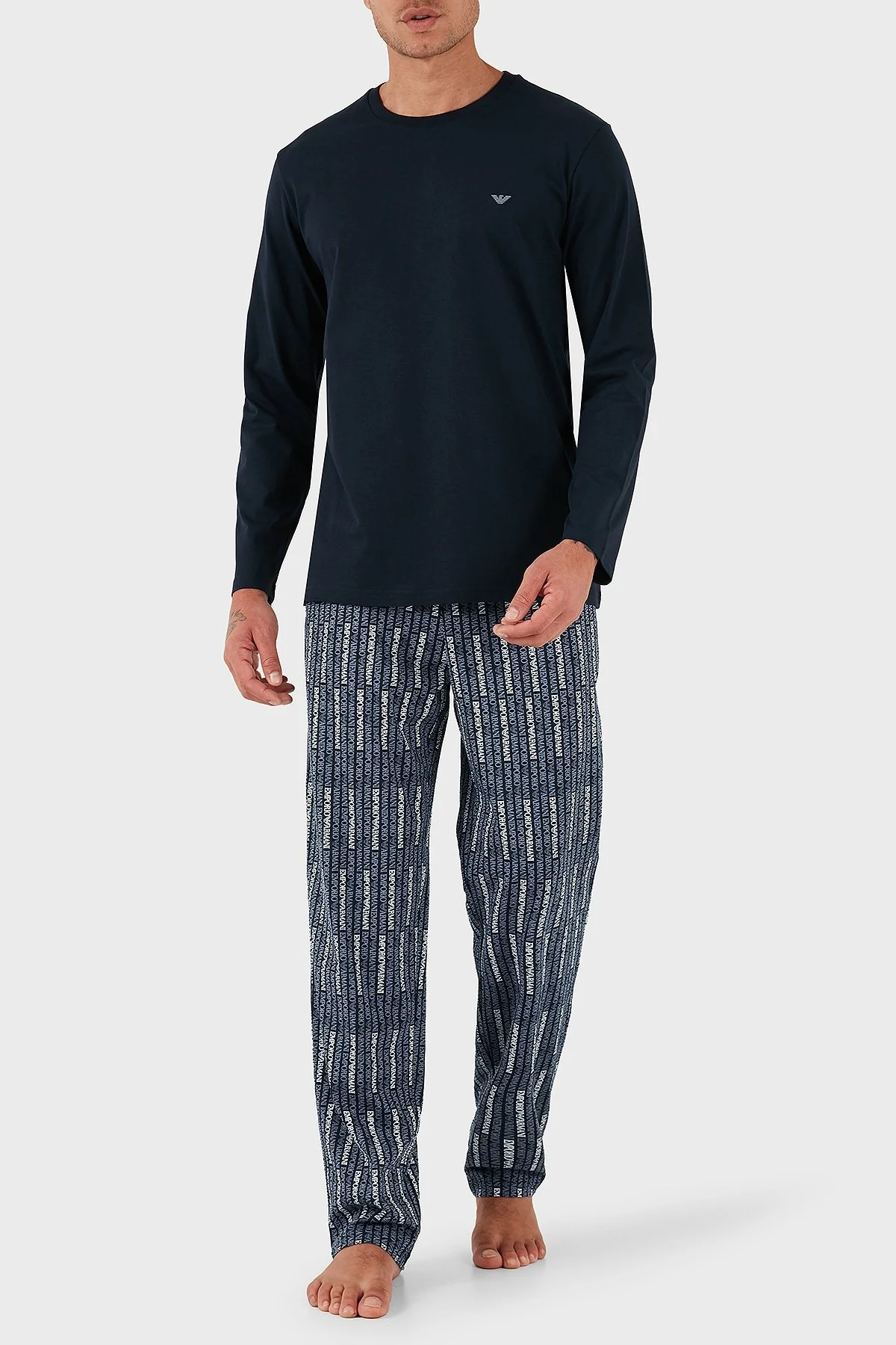 Emporio Armani Pamuklu Jakarlı Regular Fit Normal Bel Bisiklet Yaka Erkek Pijama Takımı EM000611 AF14994 MB310 MAVİ - 1