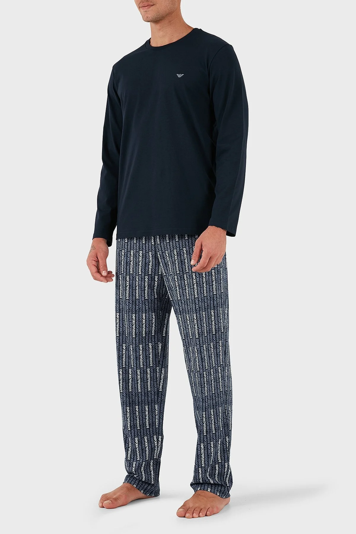 Emporio Armani Pamuklu Jakarlı Regular Fit Normal Bel Bisiklet Yaka Erkek Pijama Takımı EM000611 AF14994 MB310 MAVİ - 4