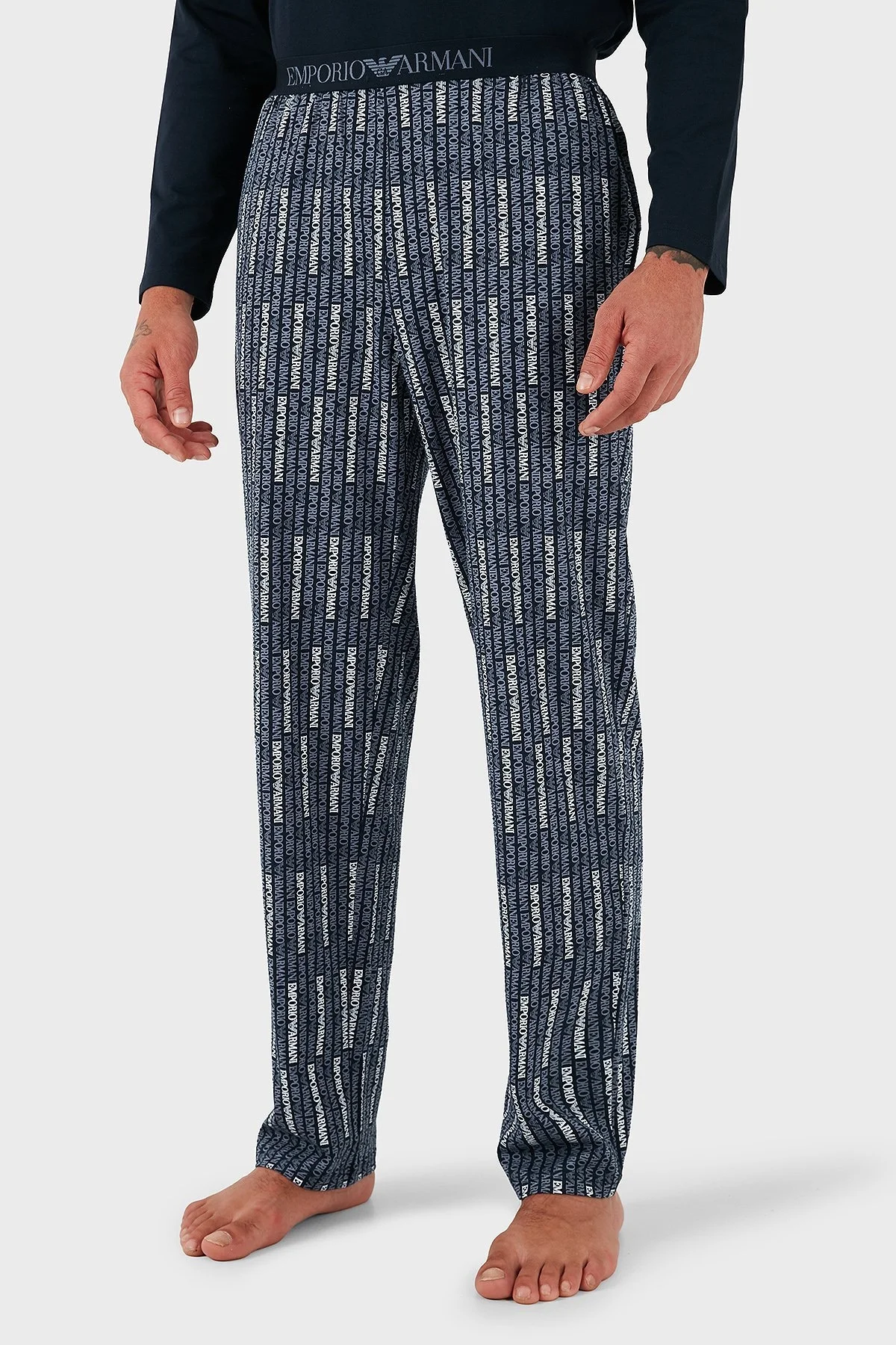 Emporio Armani Pamuklu Jakarlı Regular Fit Normal Bel Bisiklet Yaka Erkek Pijama Takımı EM000611 AF14994 MB310 MAVİ - 5