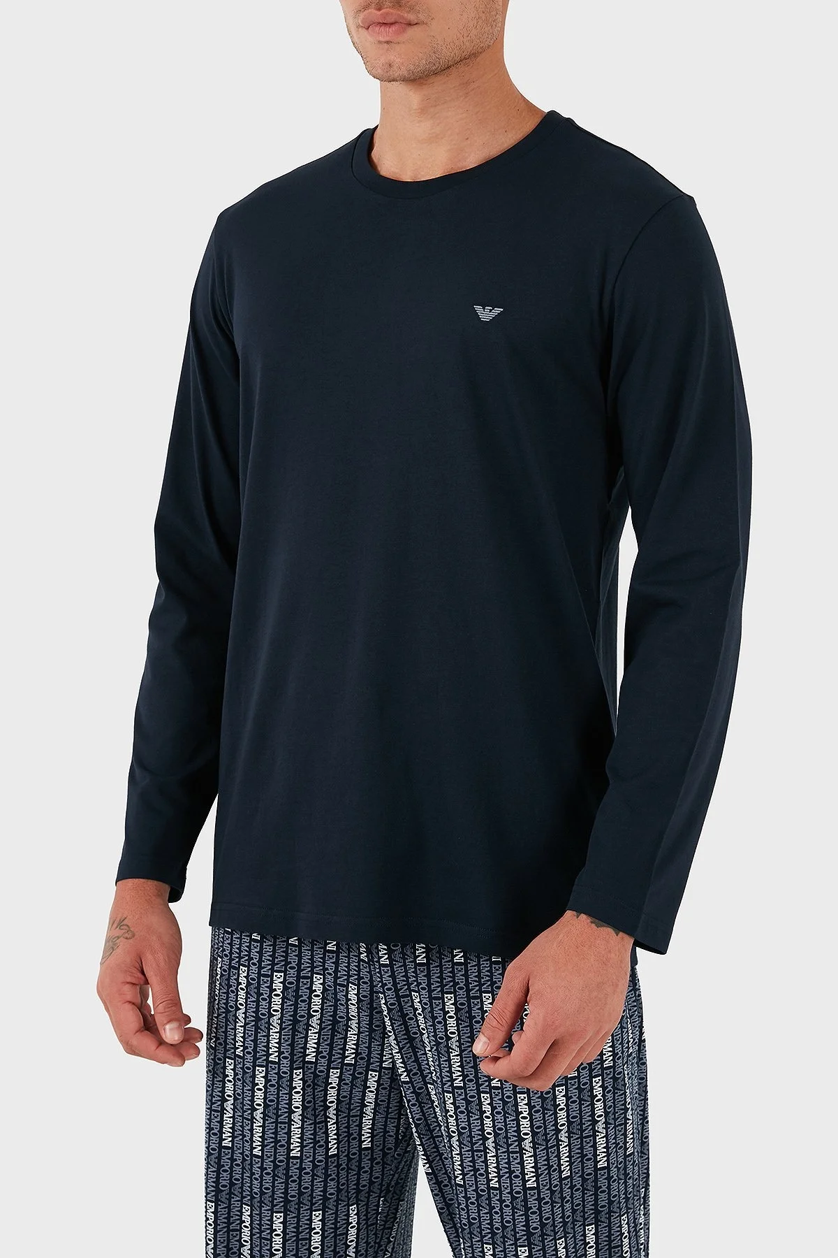 Emporio Armani Pamuklu Jakarlı Regular Fit Normal Bel Bisiklet Yaka Erkek Pijama Takımı EM000611 AF14994 MB310 MAVİ - 6
