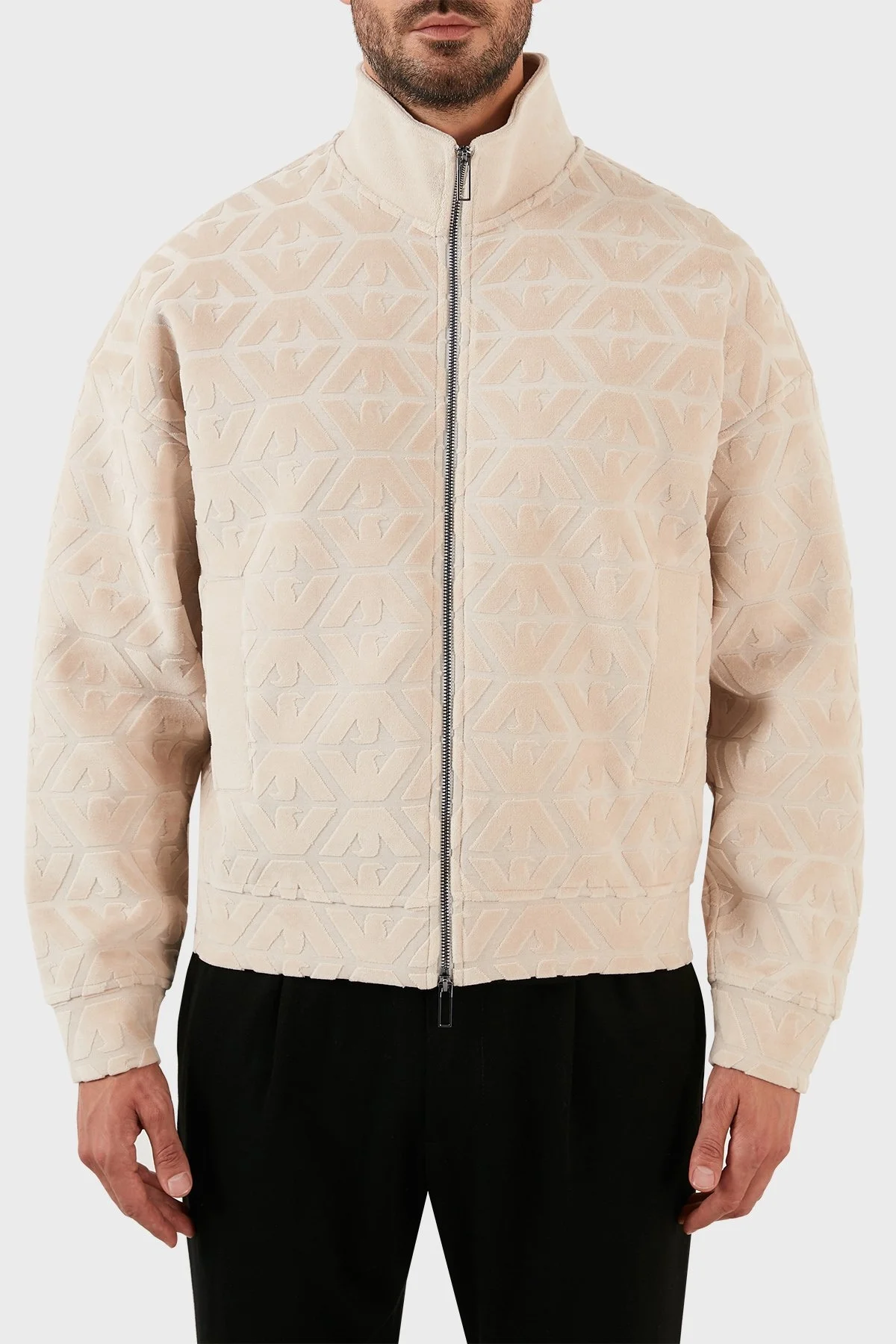 Emporio Armani Pamuklu Logo Detaylı Regular Fit Fermuarlı Dik Yaka Erkek Sweat 6L1MN1 1JIXZ 0649 BEJ - 1