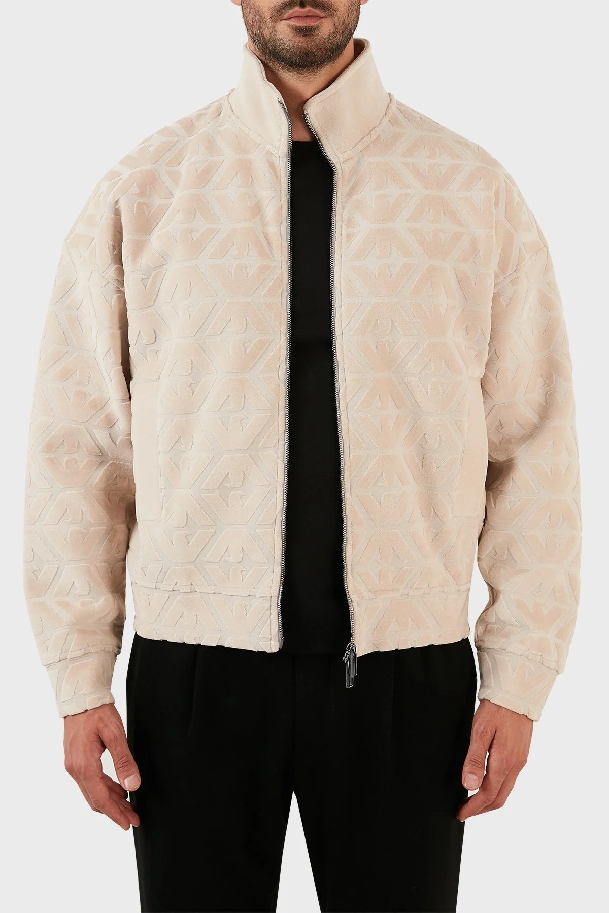 Emporio Armani Pamuklu Logo Detaylı Regular Fit Fermuarlı Dik Yaka Erkek Sweat 6L1MN1 1JIXZ 0649 BEJ - 4