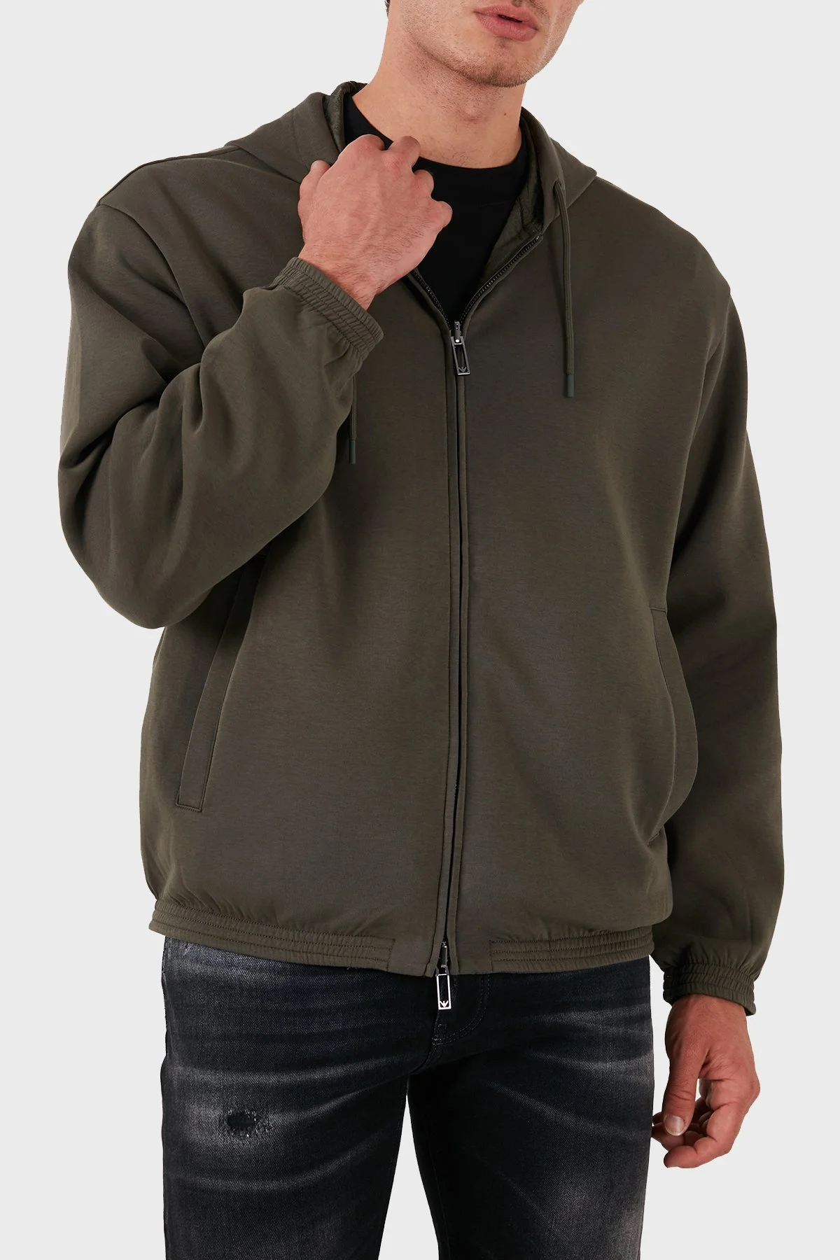 Emporio Armani Pamuklu Logolu Regular Fit Fermuarlı Kapüşonlu Erkek Yağmurluk 6D1MD3 1JHSZ 06K0 HAKİ - 5