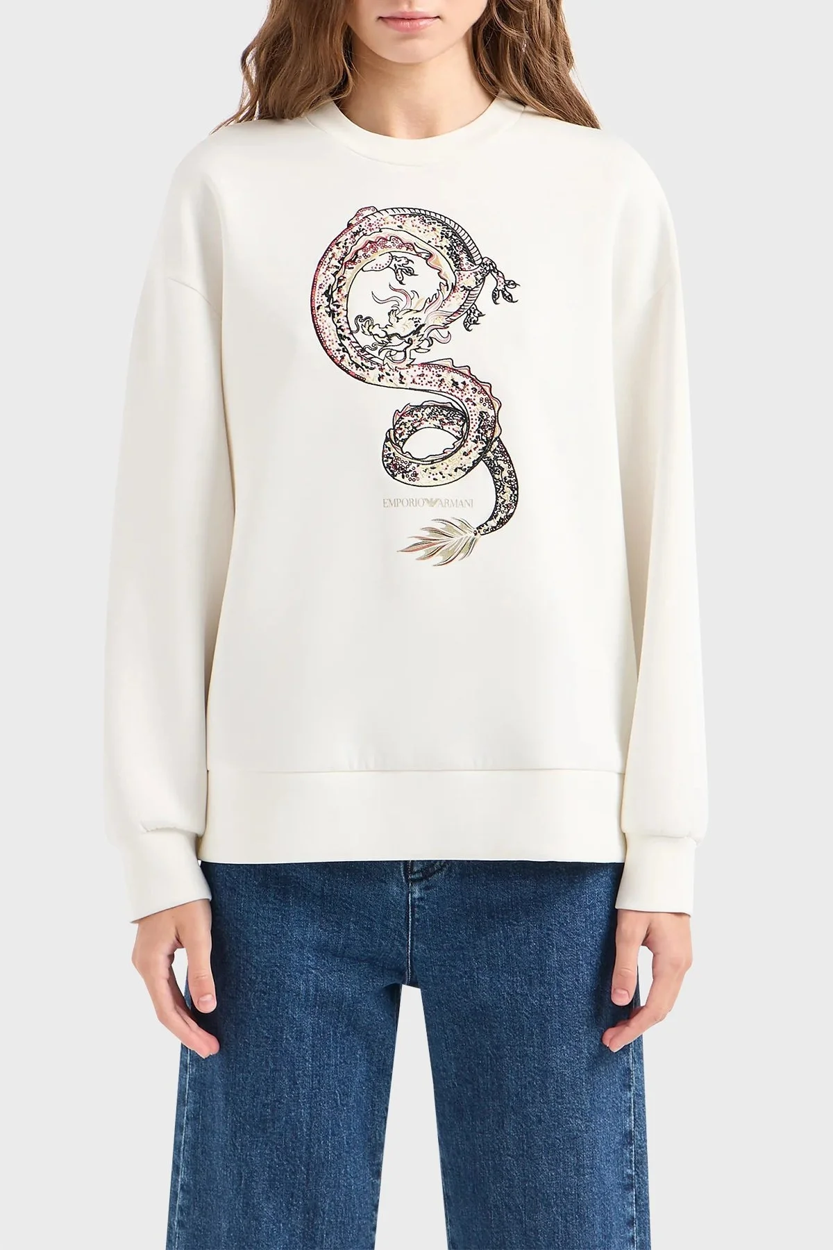 Emporio Armani Pamuklu Oversize Fit Bisiklet Yaka Bayan Sweat EW000006 AF10002 U0005 EKRU - 1