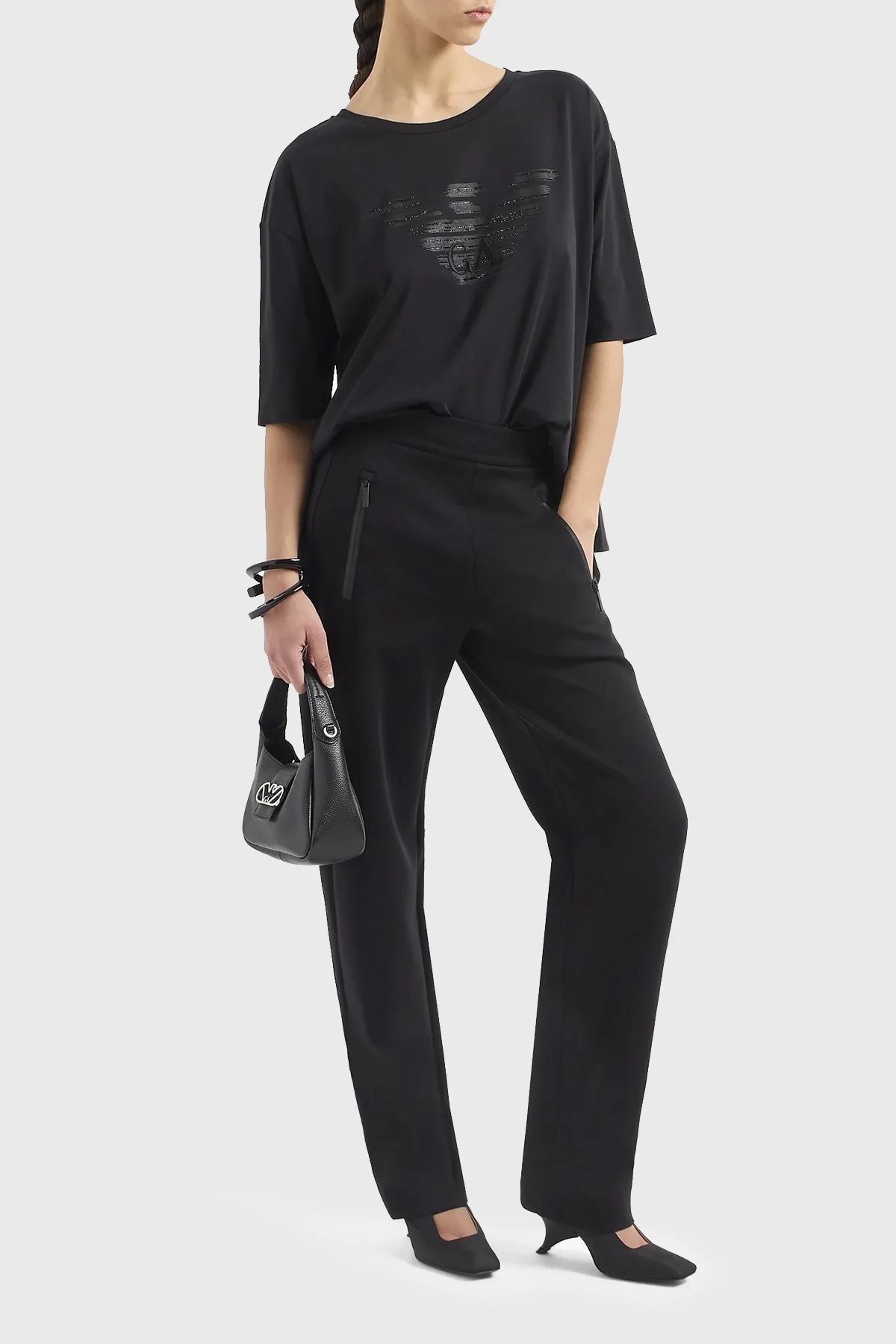 Emporio Armani Pamuklu Oversize Fit Bisiklet Yaka Bayan T Shirt 3D2T7C 2JFNZ 0999 SİYAH - 6