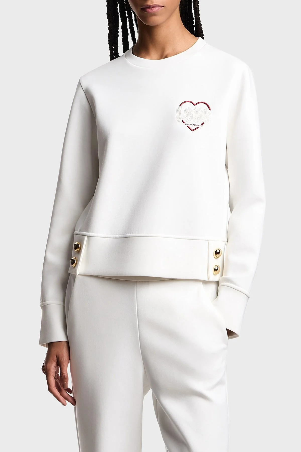Emporio Armani Pamuklu Regular Fit Bisiklet Yaka Düğme Detaylı Bayan Sweat EW001361 AF10002 U0006 BEYAZ - 1