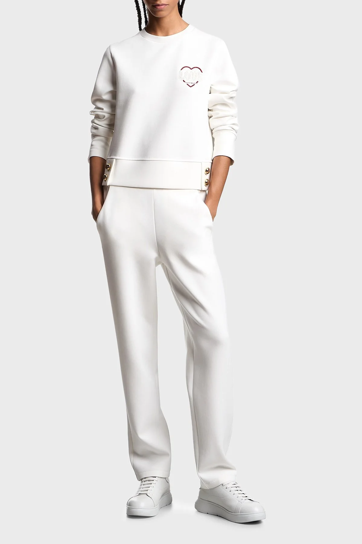 Emporio Armani Pamuklu Regular Fit Bisiklet Yaka Düğme Detaylı Kadın Sweat EW001361 AF10002 U0006 BEYAZ - 2