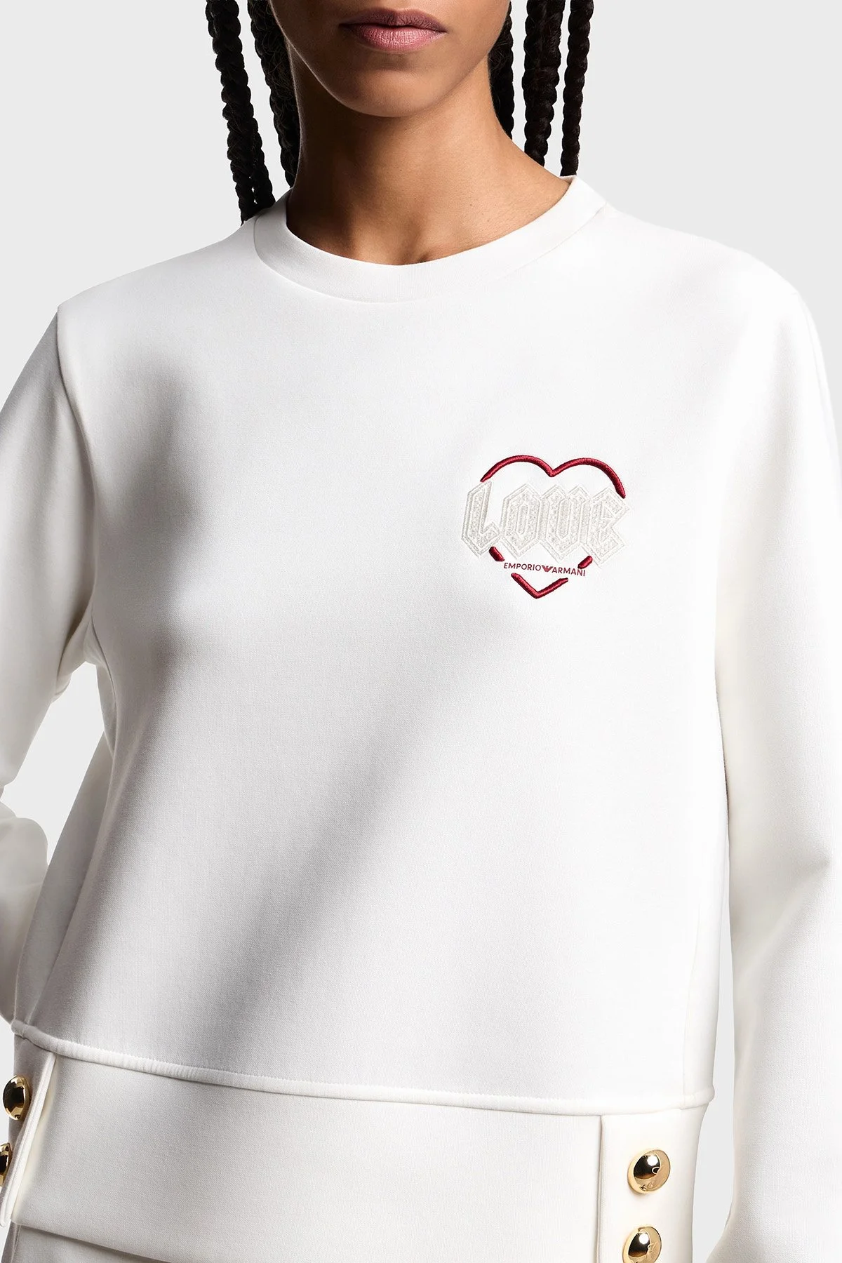 Emporio Armani Pamuklu Regular Fit Bisiklet Yaka Düğme Detaylı Kadın Sweat EW001361 AF10002 U0006 BEYAZ - 4