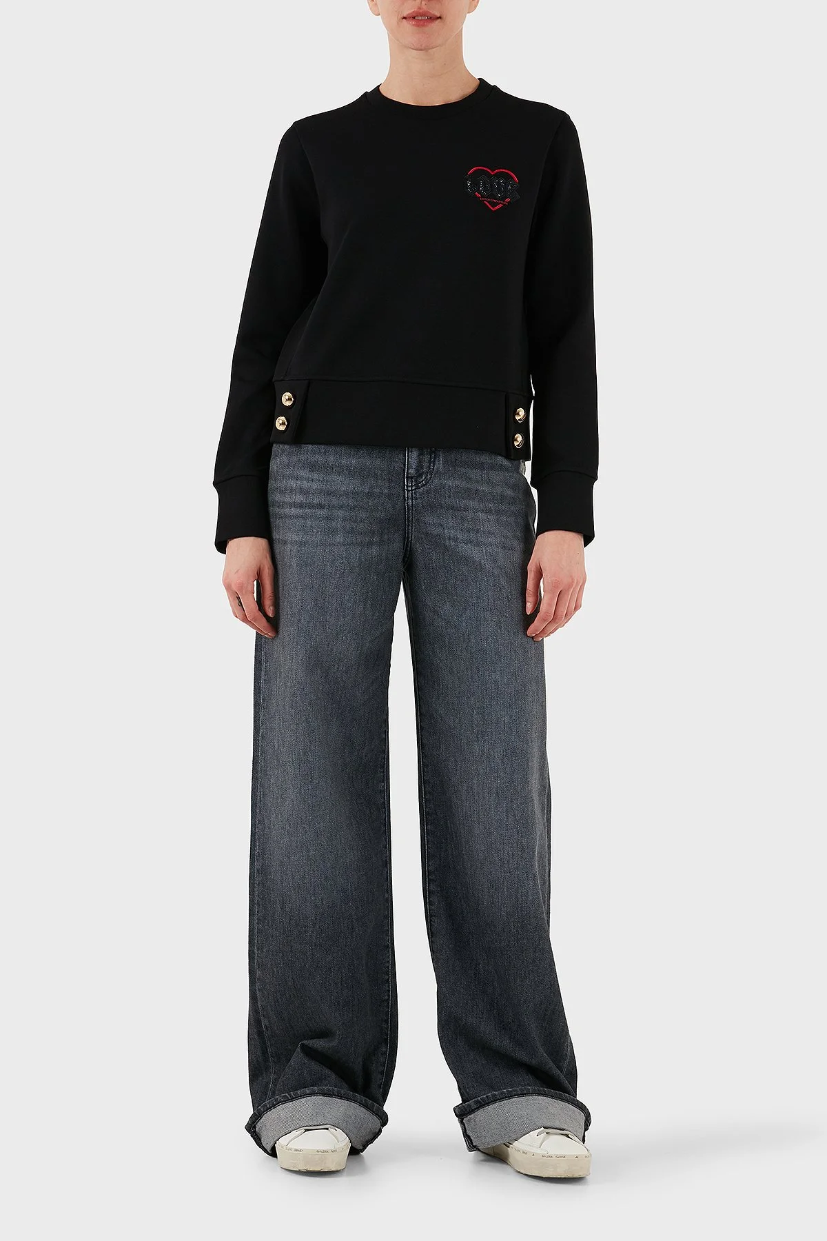 Emporio Armani Pamuklu Regular Fit Bisiklet Yaka Düğme Detaylı Bayan Sweat EW001361 AF10002 UC001 SİYAH - 2