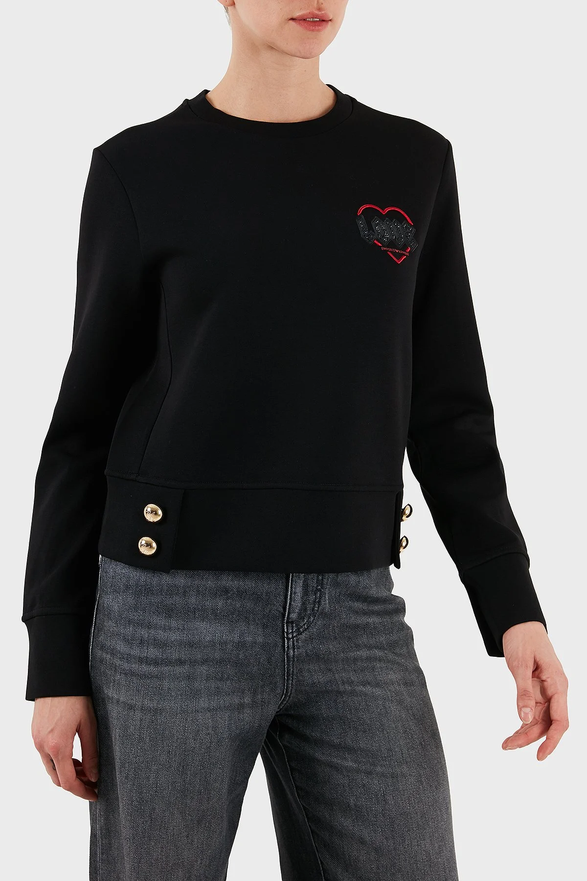 Emporio Armani Pamuklu Regular Fit Bisiklet Yaka Düğme Detaylı Bayan Sweat EW001361 AF10002 UC001 SİYAH - 5