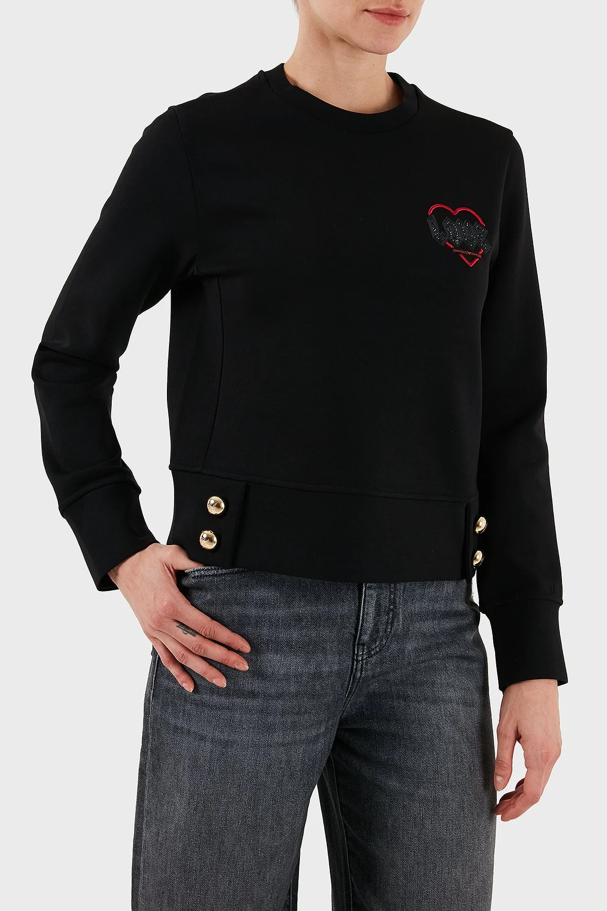 Emporio Armani Pamuklu Regular Fit Bisiklet Yaka Düğme Detaylı Bayan Sweat EW001361 AF10002 UC001 SİYAH - 6