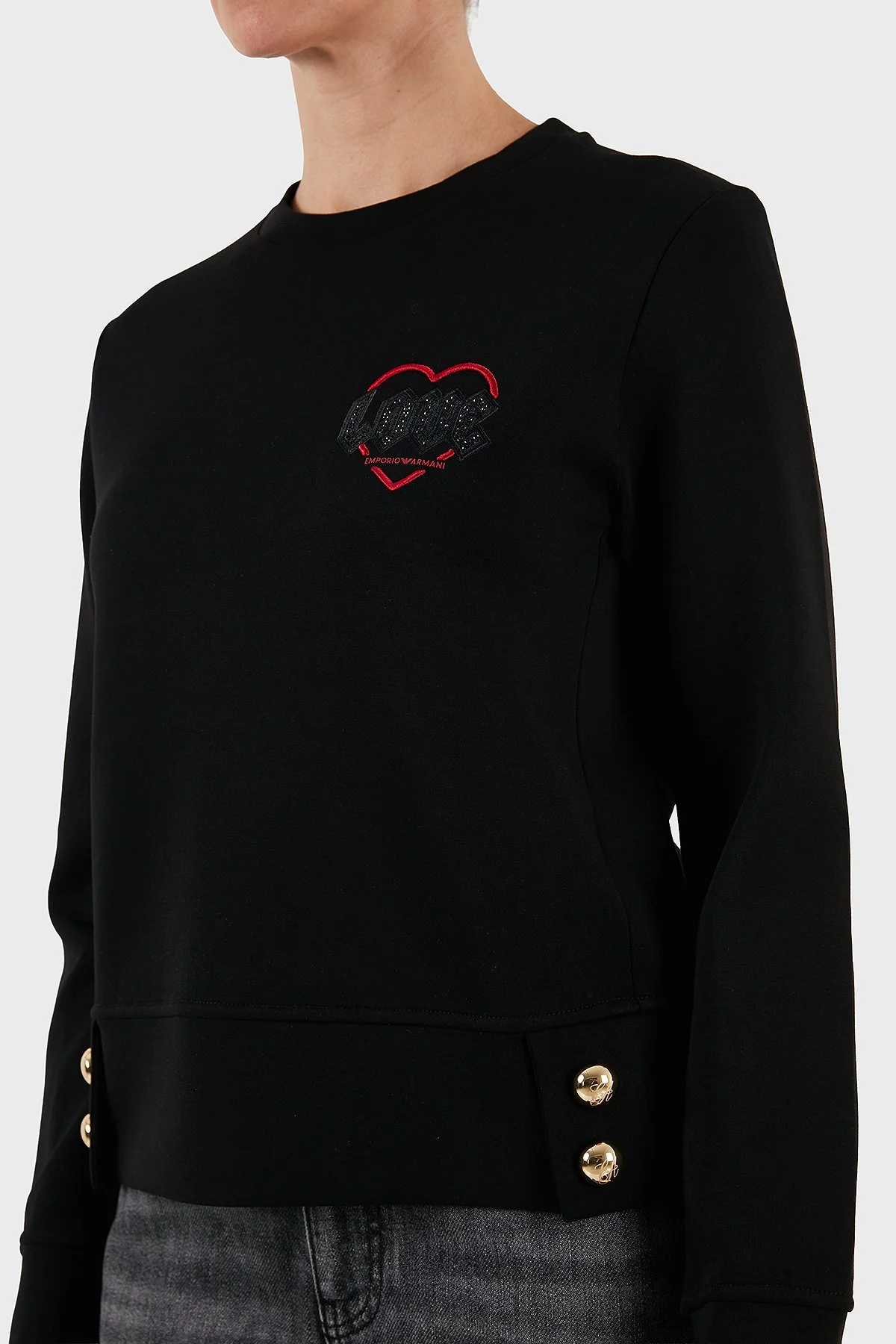 Emporio Armani Pamuklu Regular Fit Bisiklet Yaka Düğme Detaylı Bayan Sweat EW001361 AF10002 UC001 SİYAH - 7