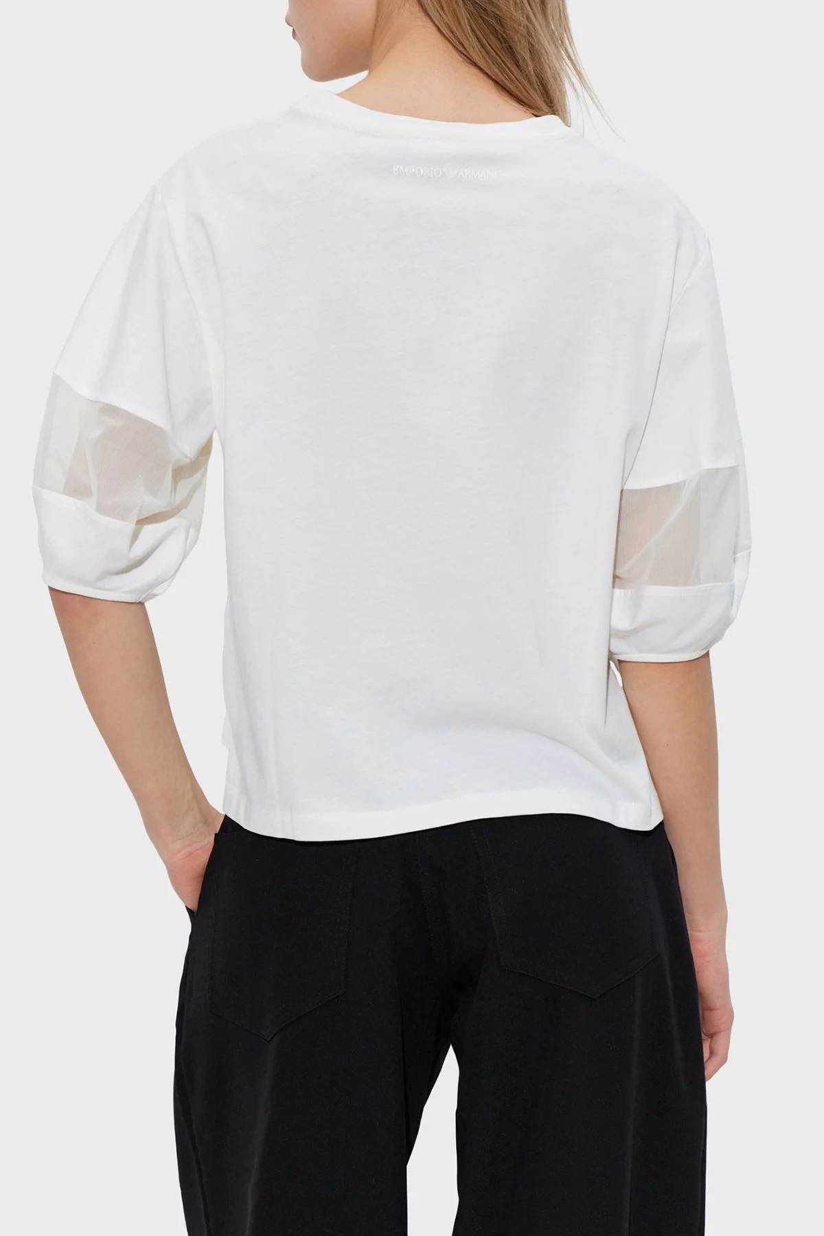 Emporio Armani Pamuklu Regular Fit Bisiklet Yaka Kol Detaylı Bayan T Shirt EW004390 AF13318 U0006 KREM - 3