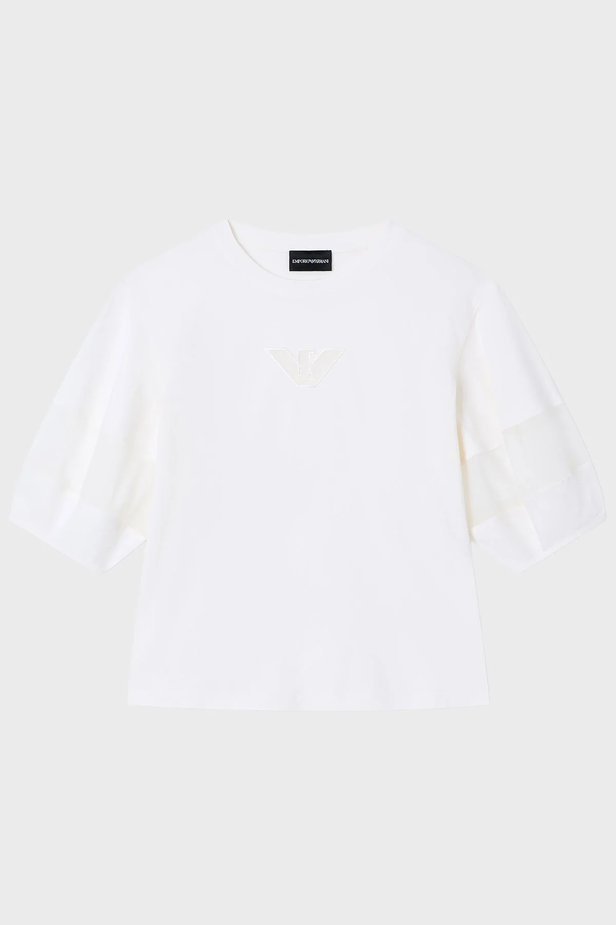 Emporio Armani Pamuklu Regular Fit Bisiklet Yaka Kol Detaylı Bayan T Shirt EW004390 AF13318 U0006 KREM - 5