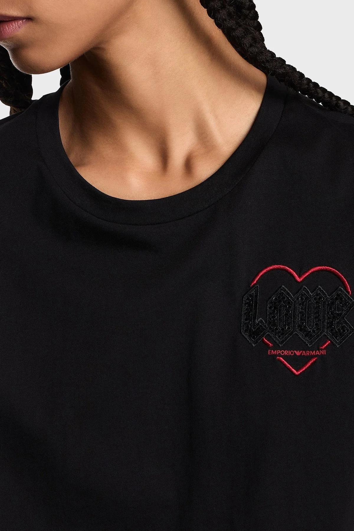 Emporio Armani Pamuklu Regular Fit Bisiklet Yaka Minimal Desenli Bayan T Shirt EW002608 AF18844 UC001 SİYAH - 4