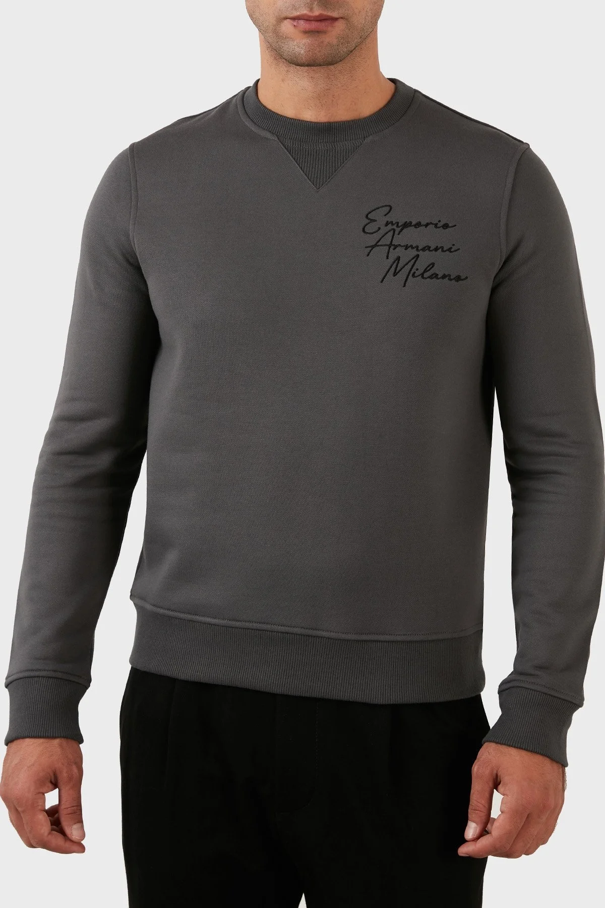 Emporio Armani Pamuklu Regular Fit Bisiklet Yaka Şardonlu Erkek Sweat 6L1MP2 1JQNZ 06A9 KOYU GRİ - 1