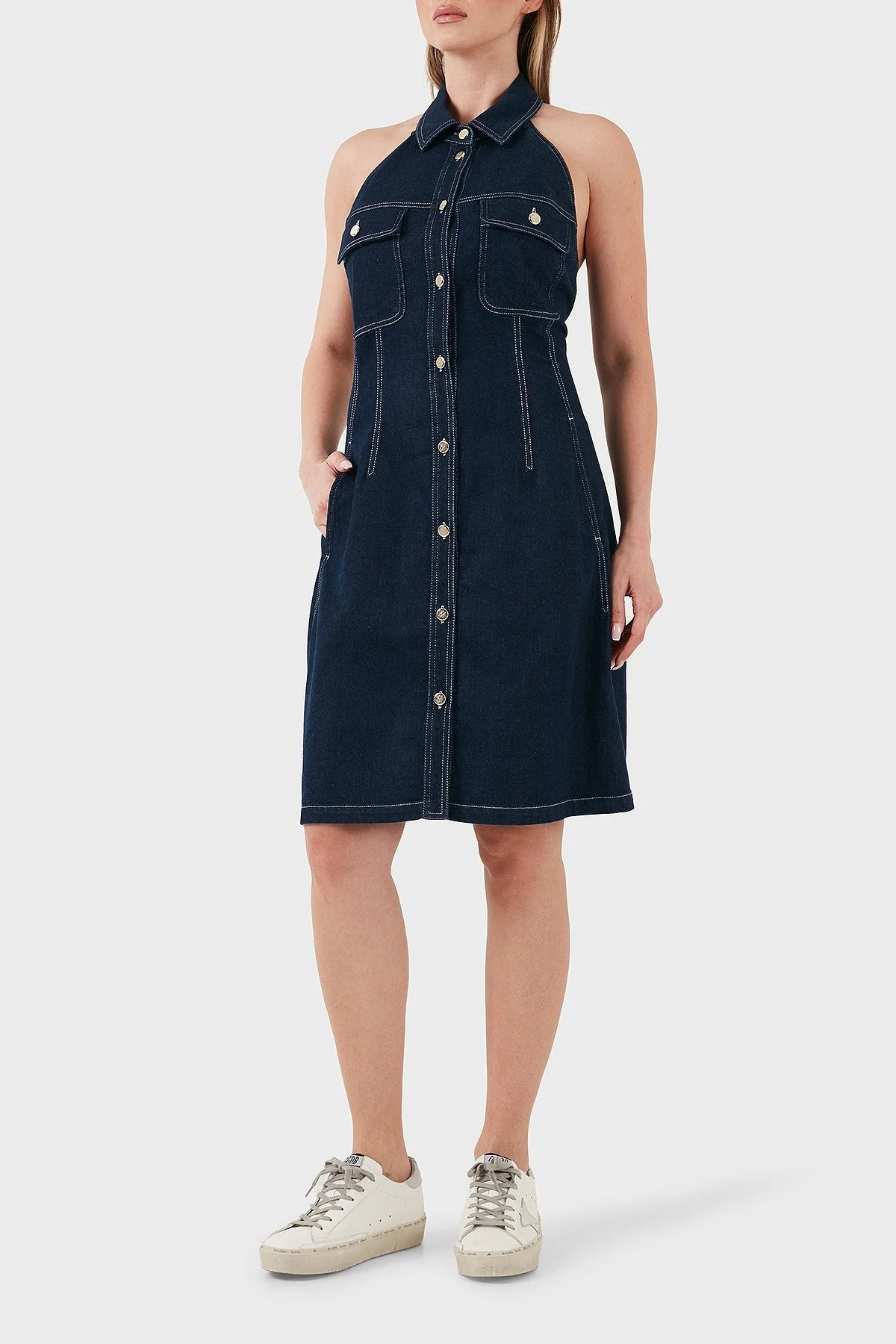 Emporio Armani Pamuklu Regular Fit Düğmeli Kot Bayan Elbise EW000752 AF12436 MB001 LACİVERT - 8