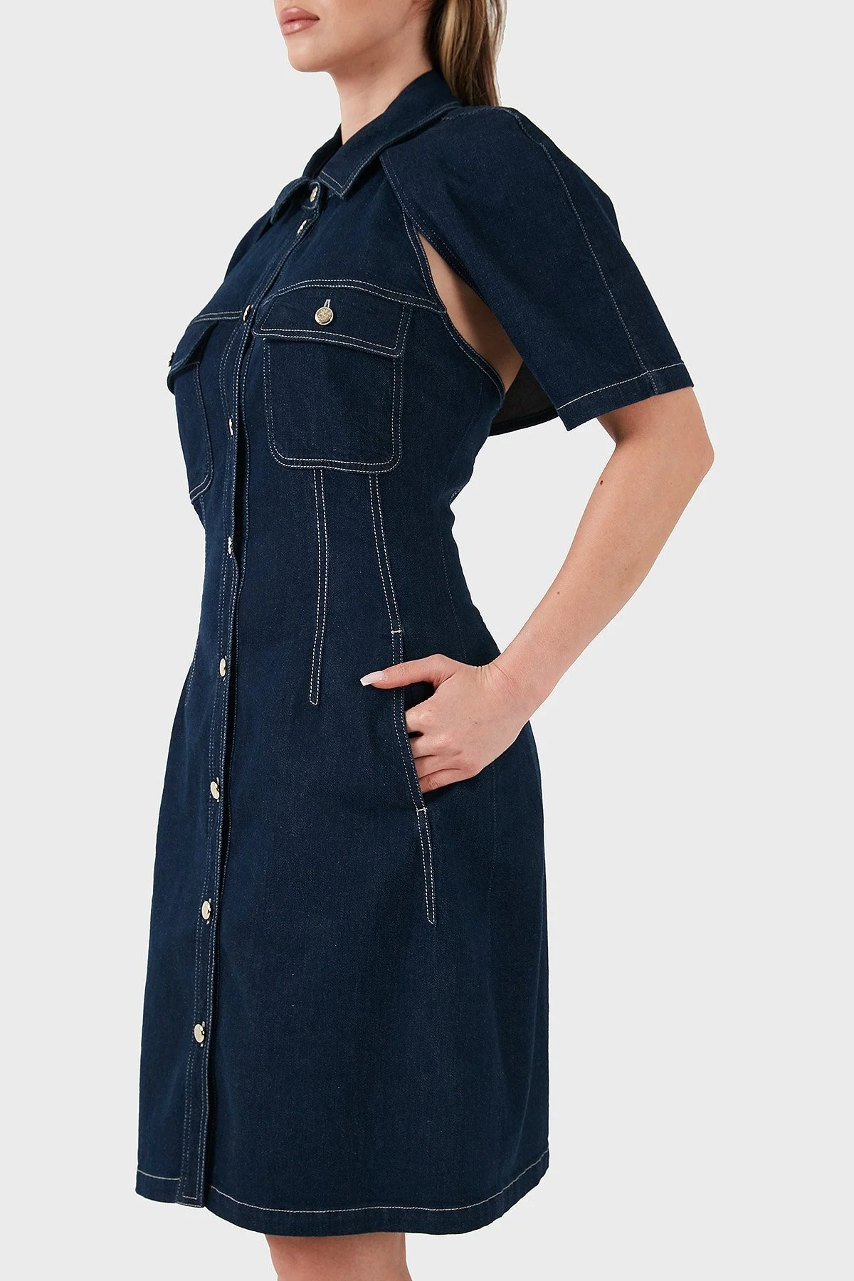 Emporio Armani Pamuklu Regular Fit Düğmeli Kot Bayan Elbise EW000752 AF12436 MB001 LACİVERT - 12