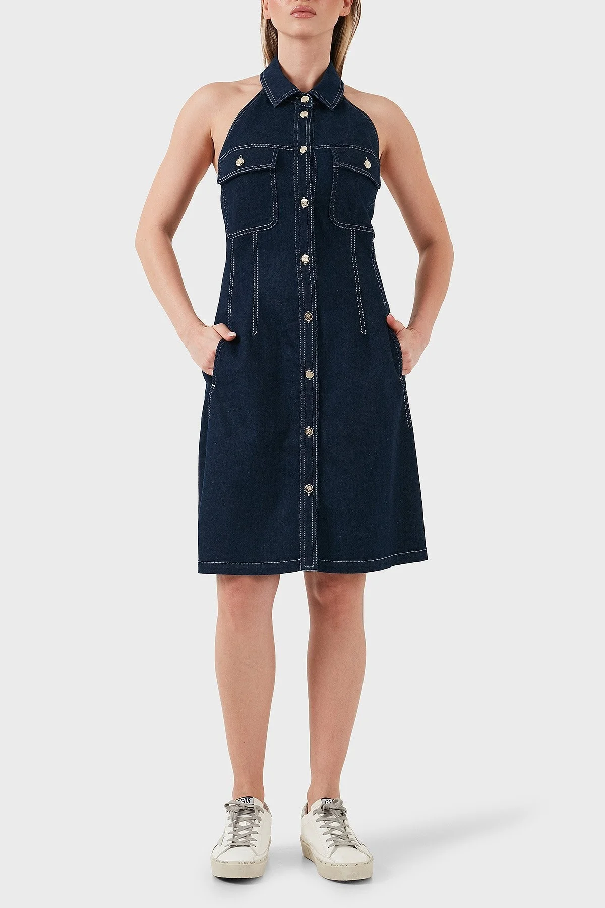 Emporio Armani Pamuklu Regular Fit Düğmeli Kot Bayan Elbise EW000752 AF12436 MB001 LACİVERT - 13