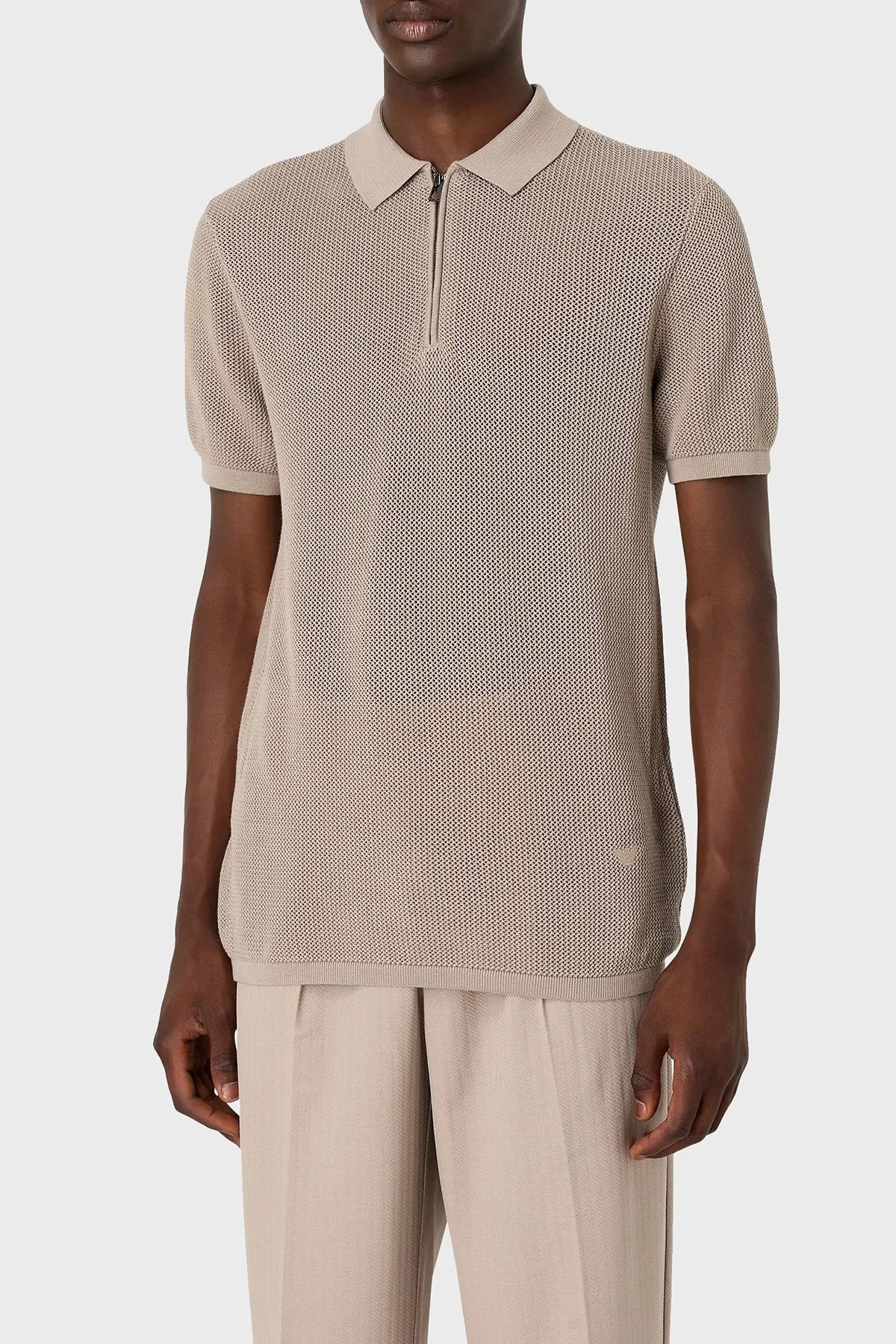 Emporio Armani Pamuklu Regular Fit Fermuarlı Polo Yaka Erkek Triko 3D1MXT 1MQCZ 0650 BEJ - 1