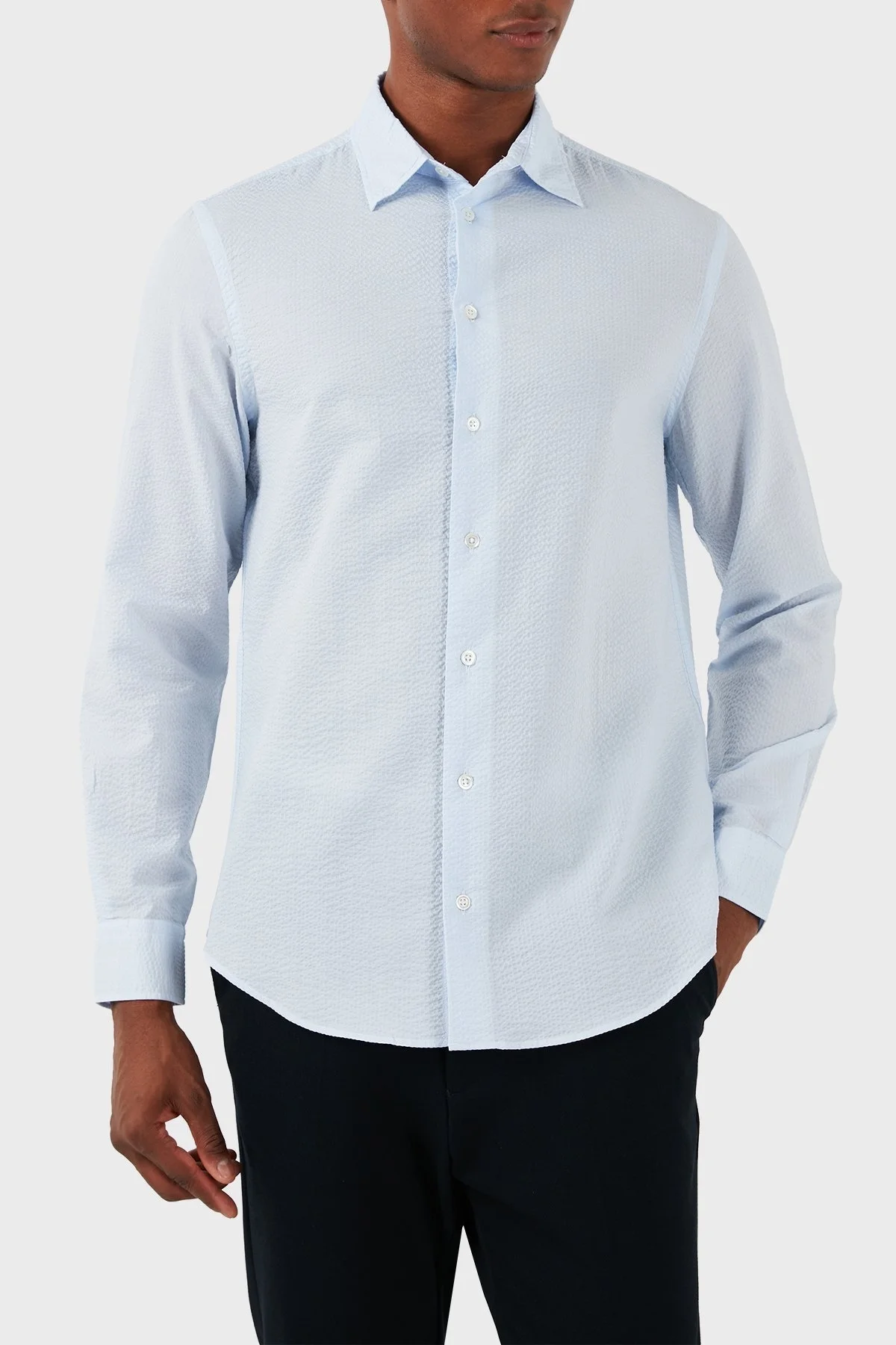 Emporio Armani Pamuklu Regular Fit Gofre Erkek Gömlek E31SM0 F1336 704 MAVİ - 1