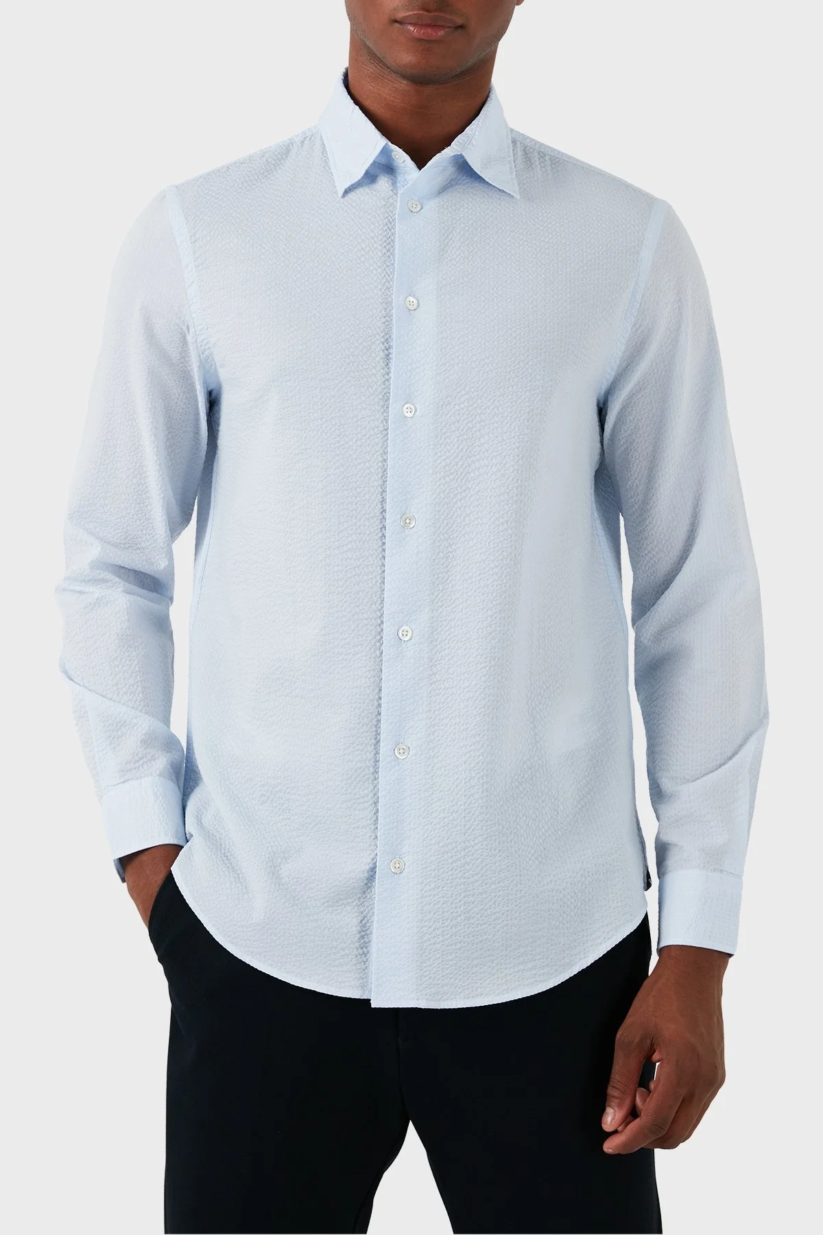 Emporio Armani Pamuklu Regular Fit Gofre Erkek Gömlek E31SM0 F1336 704 MAVİ - 4