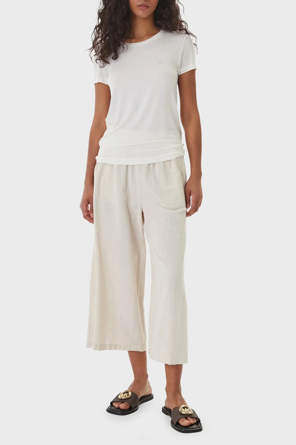 Emporio Armani Pamuklu Regular Fit Logolu Yuvarlak Yaka Bayan T Shirt EW000408 AF19024 U1131 EKRU - 2