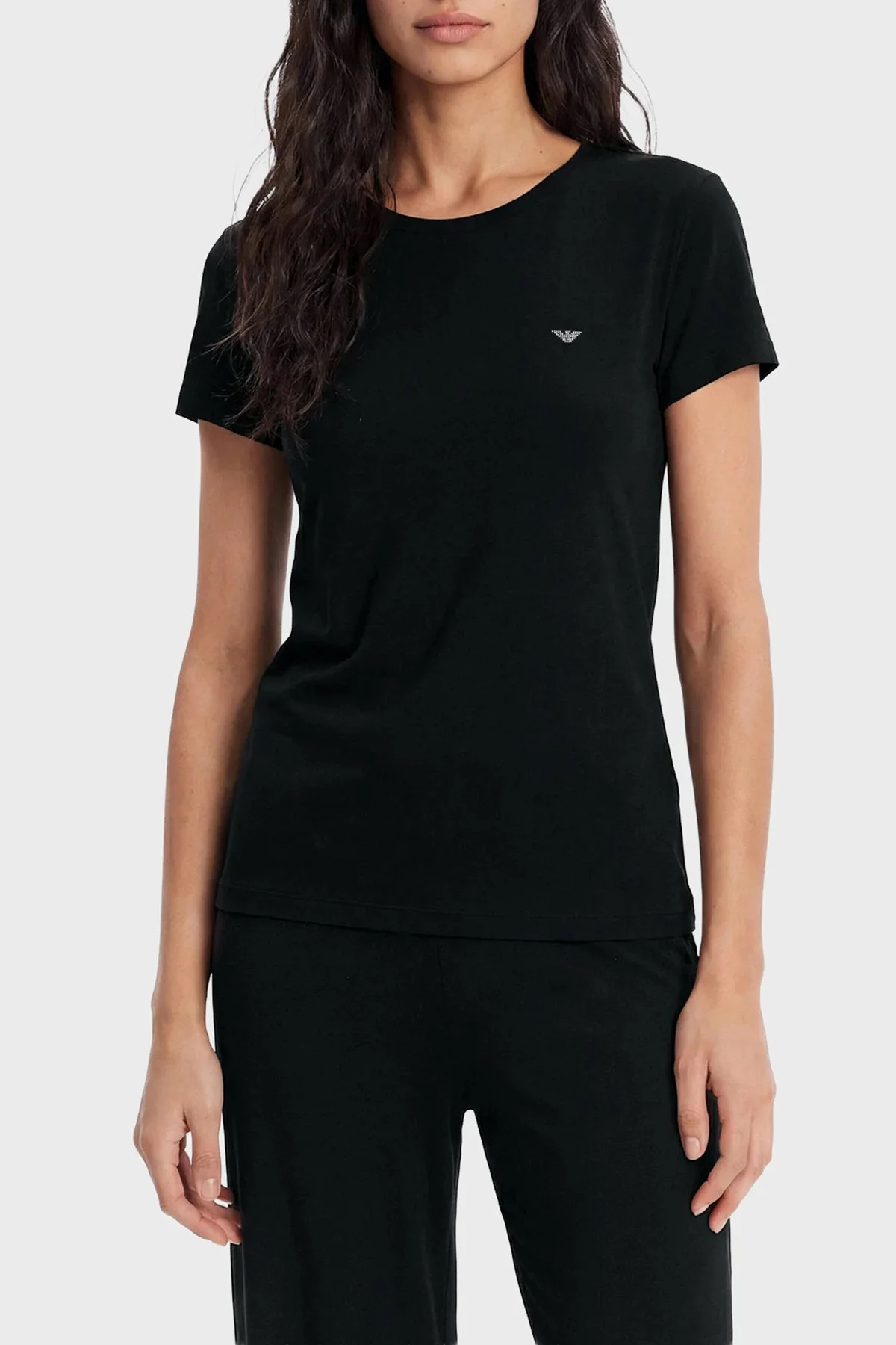 Emporio Armani Pamuklu Regular Fit Logolu Yuvarlak Yaka Bayan T Shirt EW000408 AF19024 UC001 SİYAH - 1