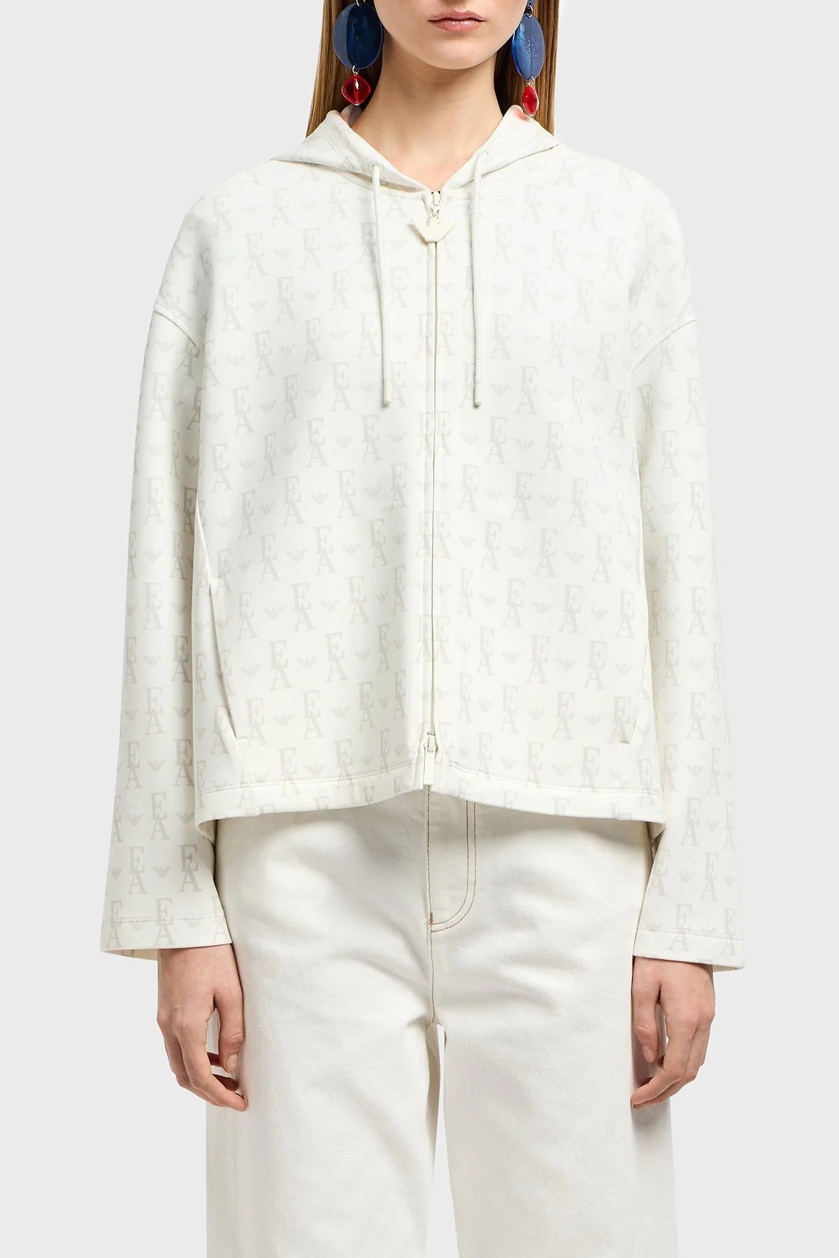 Emporio Armani Pamuklu Regular Fit Tümü Logolu Fermuarlı Bayan Sweat EW001026 AF10002 F0009 BEYAZ - 1