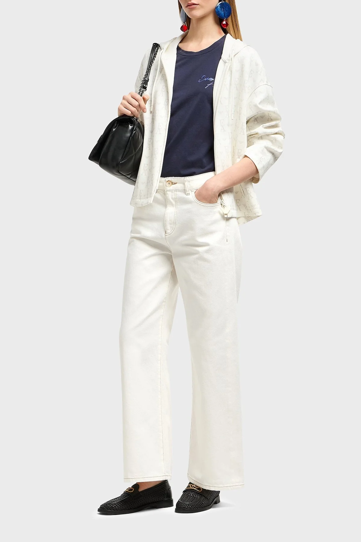 Emporio Armani Pamuklu Regular Fit Tümü Logolu Fermuarlı Bayan Sweat EW001026 AF10002 F0009 BEYAZ - 2