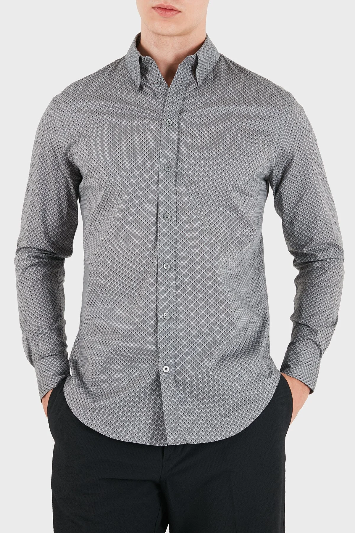 Emporio Armani Pamuklu Regular Fit Uzun Kollu Erkek Gömlek EM007200 TE23251 F8034 Koyu gri - 1