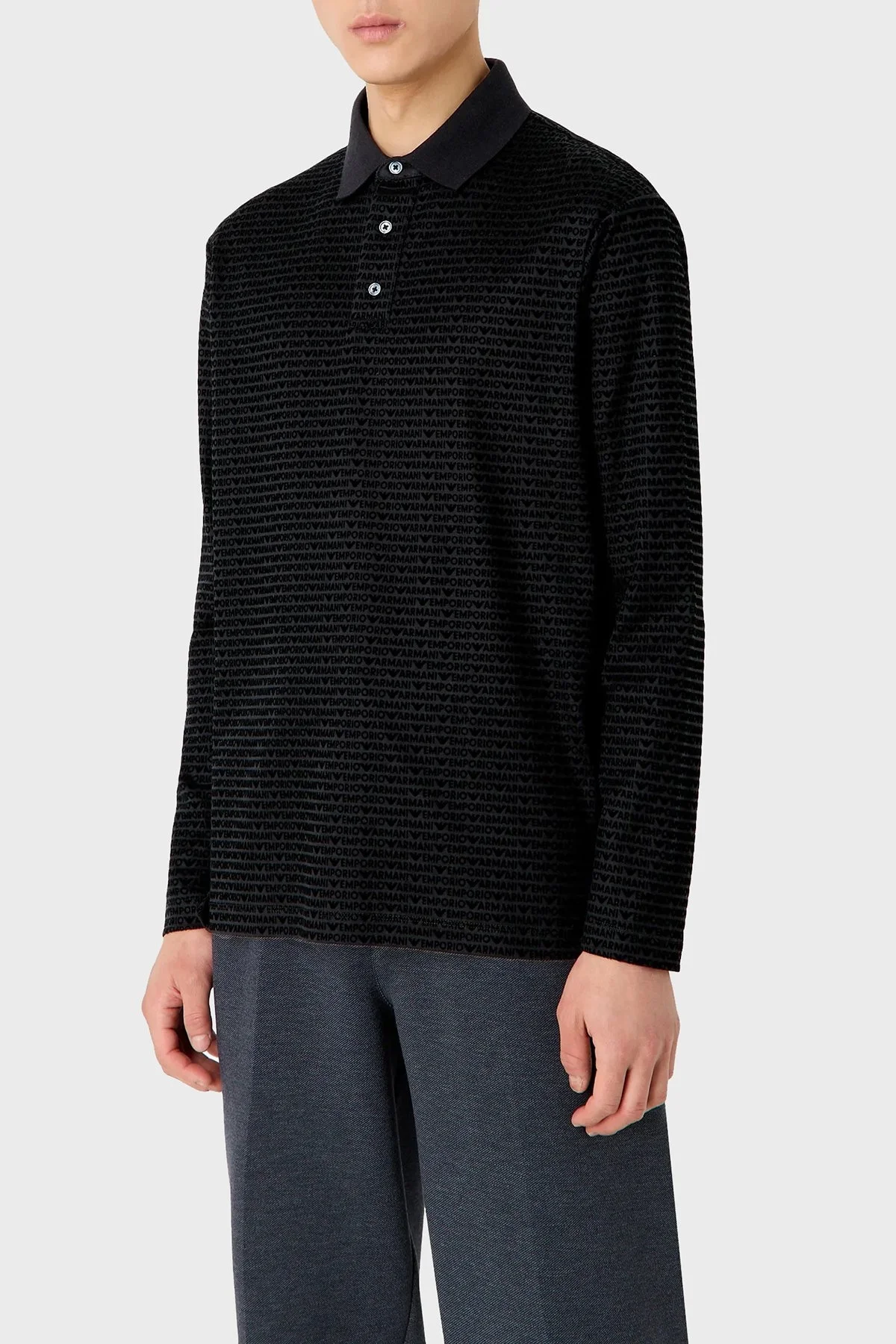 Emporio Armani Pamuklu Regular Fit Uzun Kollu Erkek Polo Yaka T Shirt 3D1FE7 1JUVZ 0999 SİYAH - 1