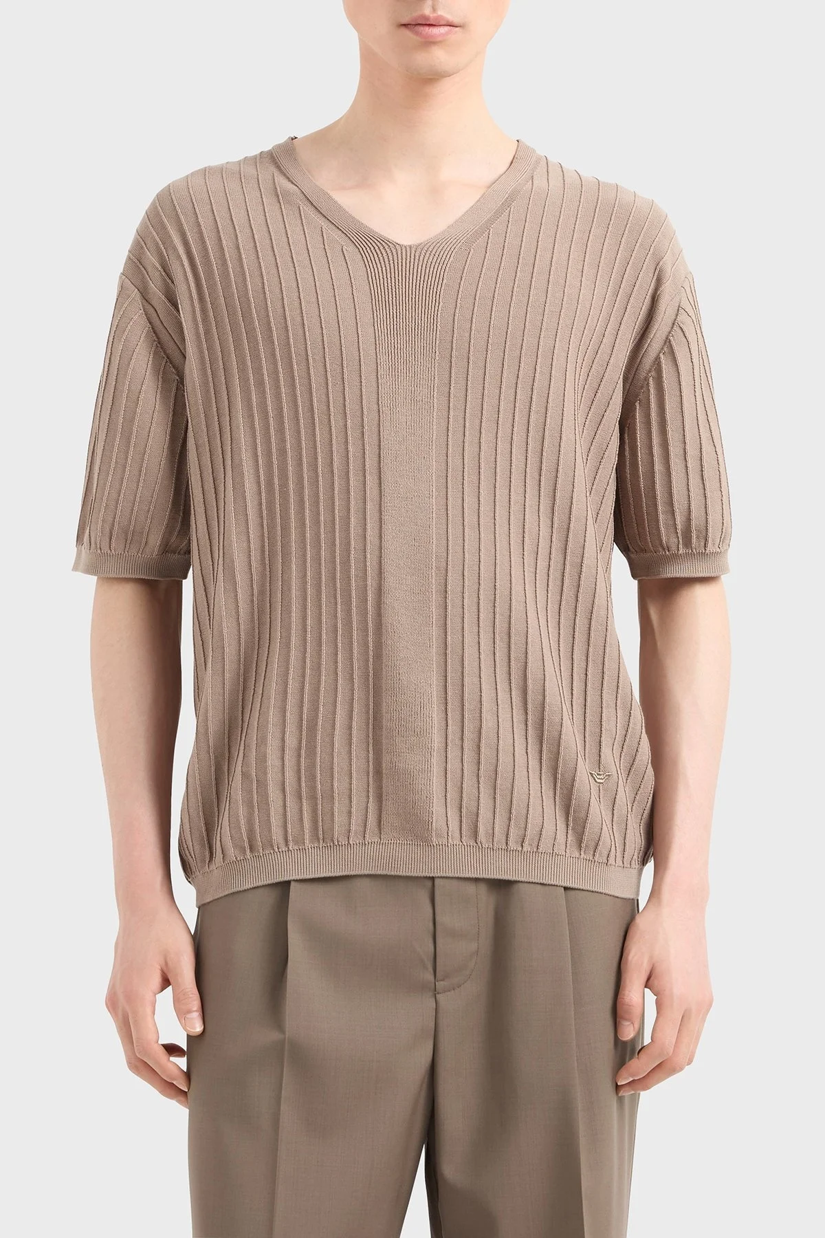 Emporio Armani Pamuklu Regular Fit V Yaka Örgü Desenli Kısa Kollu Erkek Kazak EM000862 AF13822 U6167 BEJ - 5