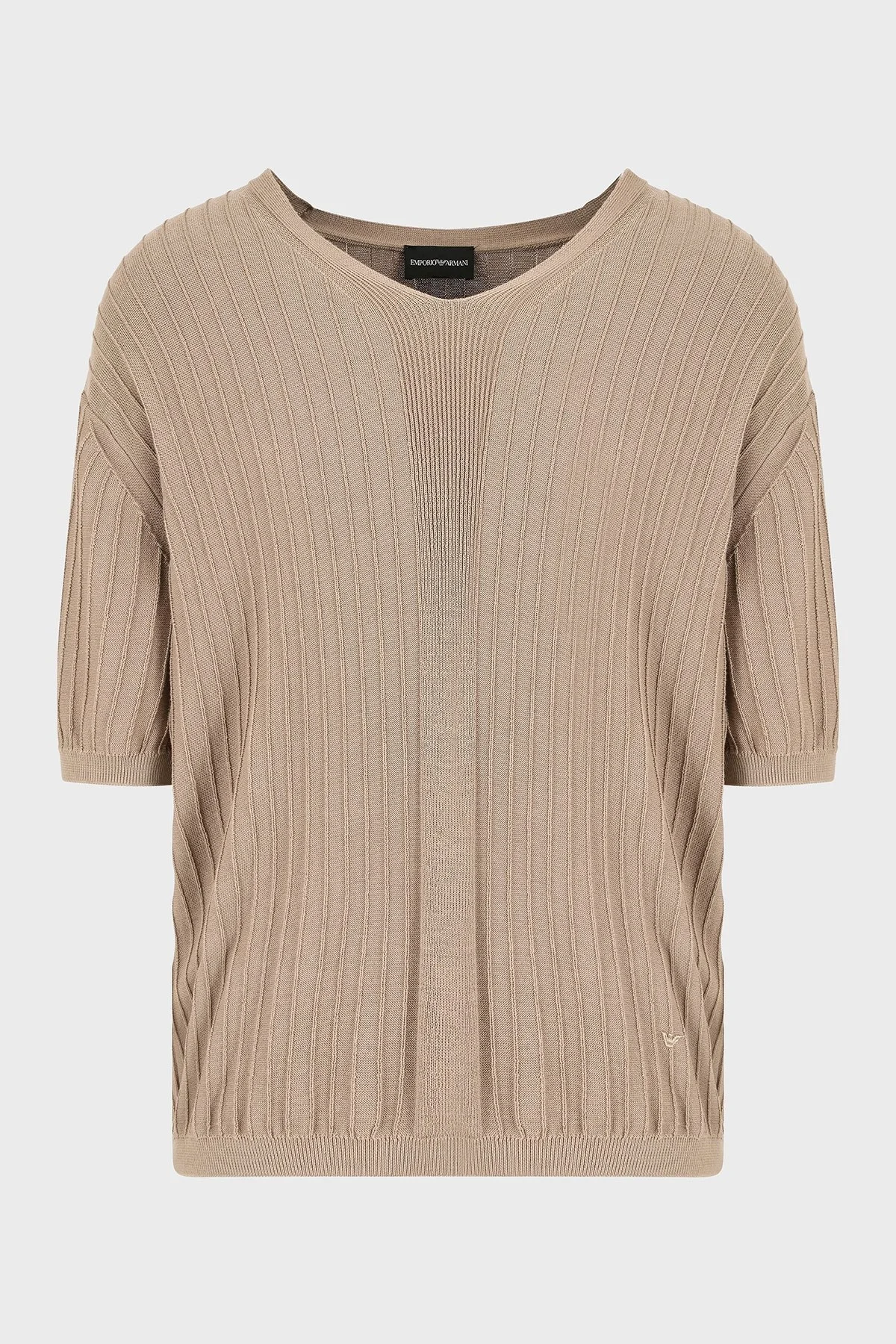Emporio Armani Pamuklu Regular Fit V Yaka Örgü Desenli Kısa Kollu Erkek Kazak EM000862 AF13822 U6167 BEJ - 8