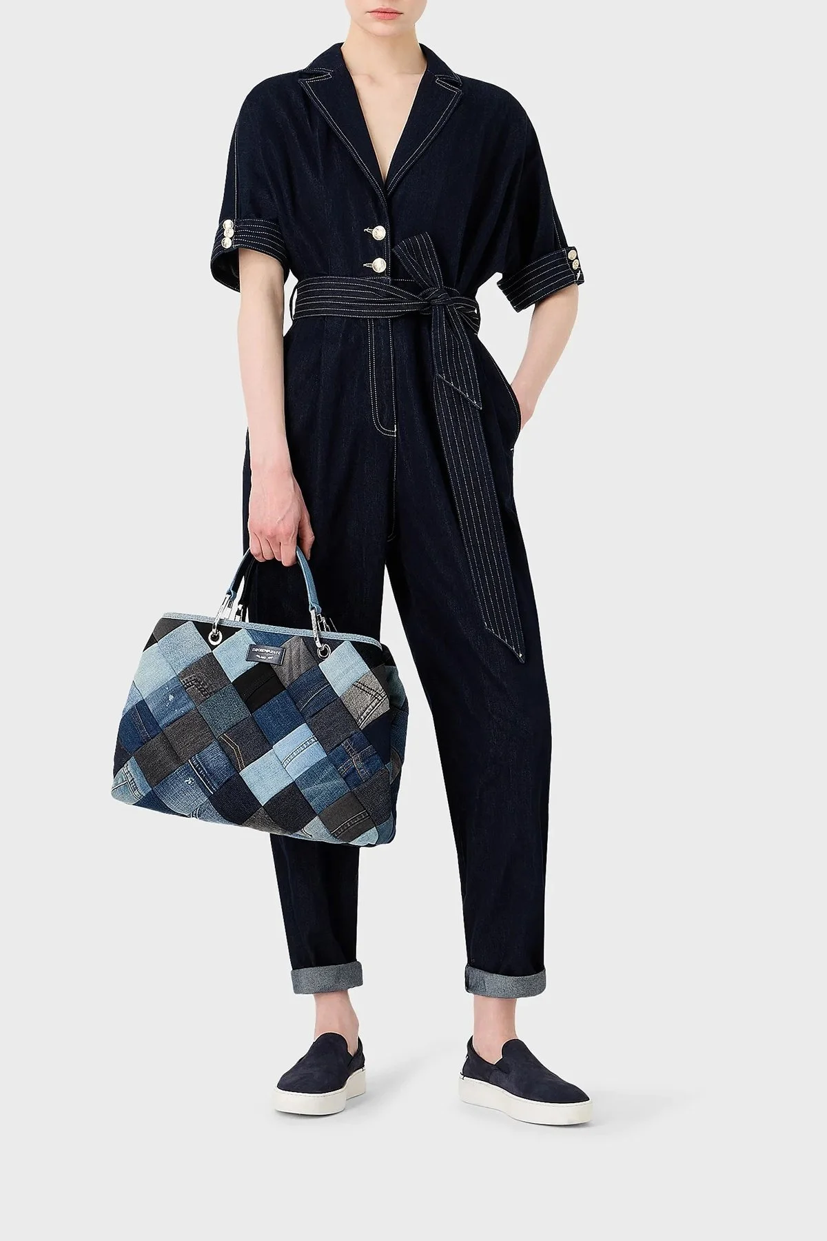 Emporio Armani Pamuklu Relaxed Fit Belden Bağlamalı Kısa Kollu Denim Bayan Tulum 6R2D61 2DASZ 0941 LACİVERT - 1