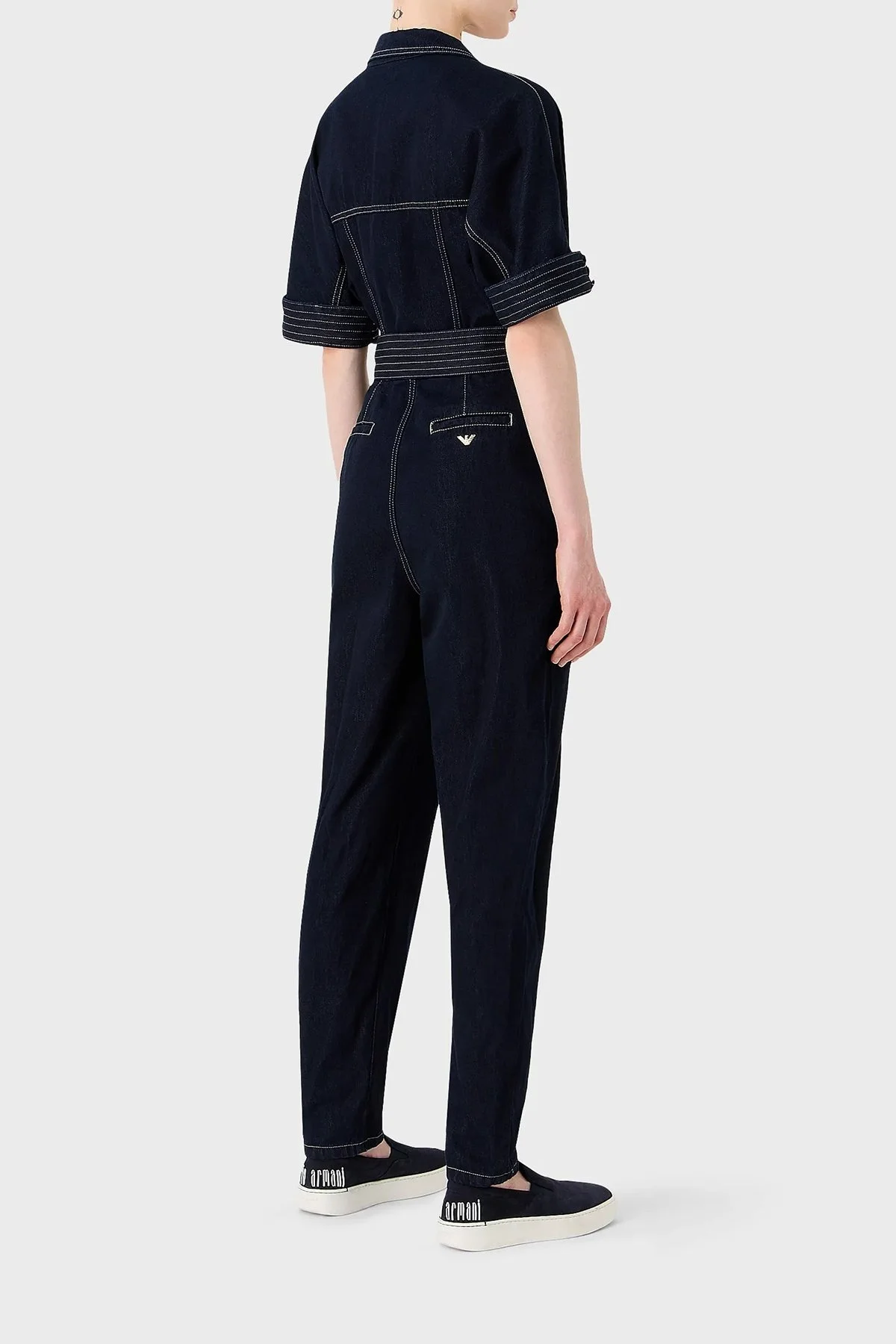 Emporio Armani Pamuklu Relaxed Fit Belden Bağlamalı Kısa Kollu Denim Bayan Tulum 6R2D61 2DASZ 0941 LACİVERT - 3