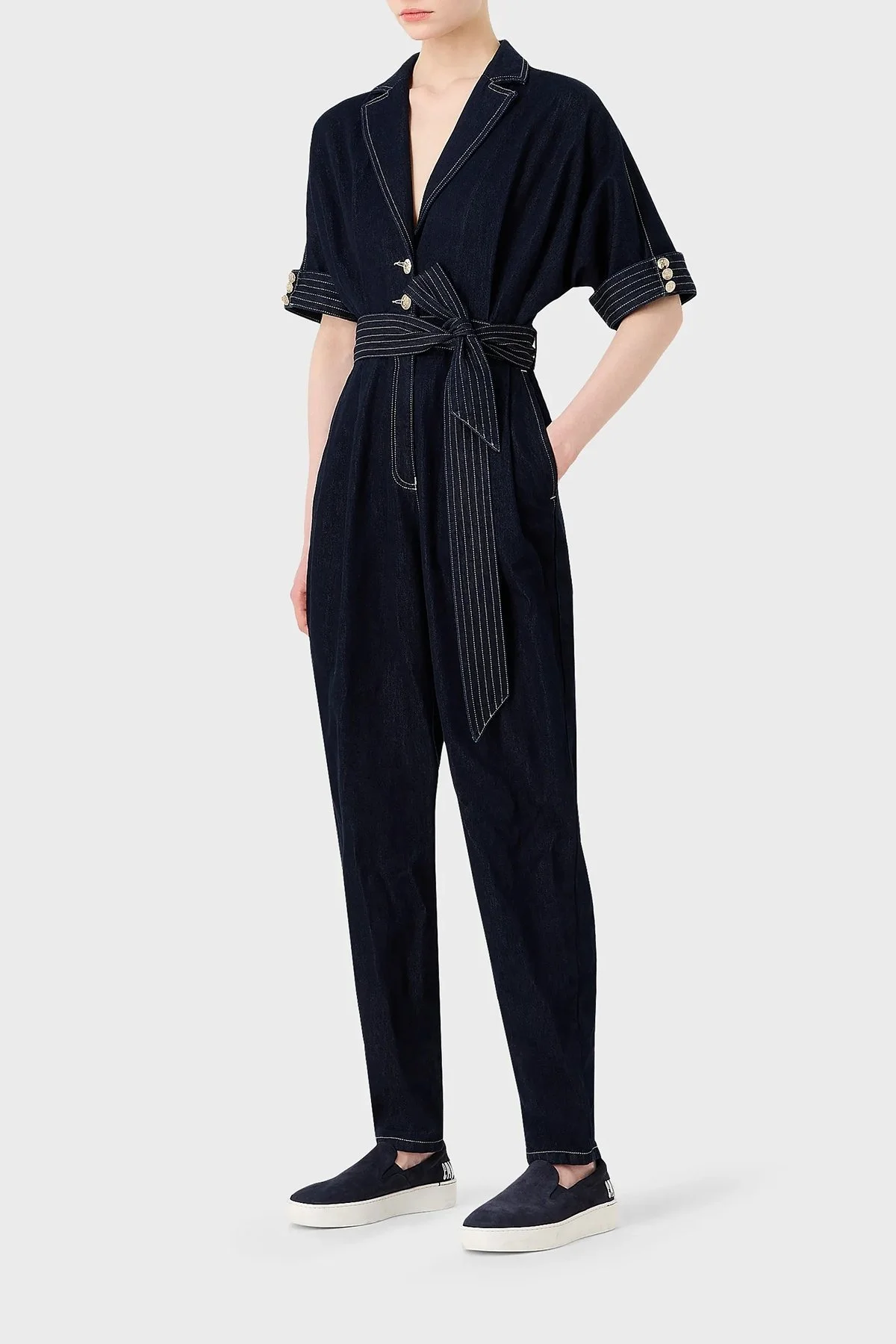 Emporio Armani Pamuklu Relaxed Fit Belden Bağlamalı Kısa Kollu Denim Bayan Tulum 6R2D61 2DASZ 0941 LACİVERT - 4