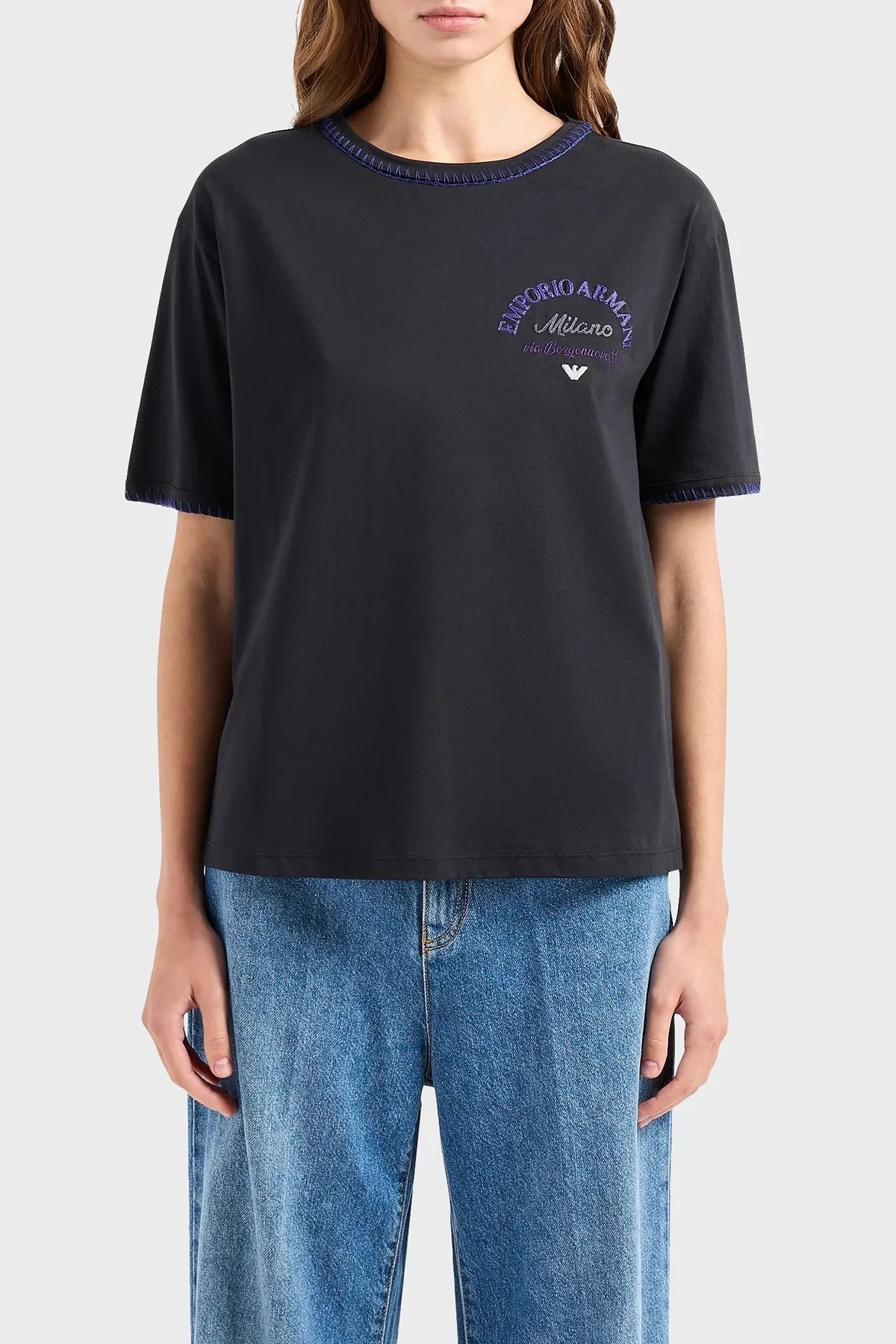 Emporio Armani Pamuklu Relaxed Fit Bisiklet Yaka Bayan T Shirt 3D2T8E 2JIDZ 0927 LACİVERT - 1