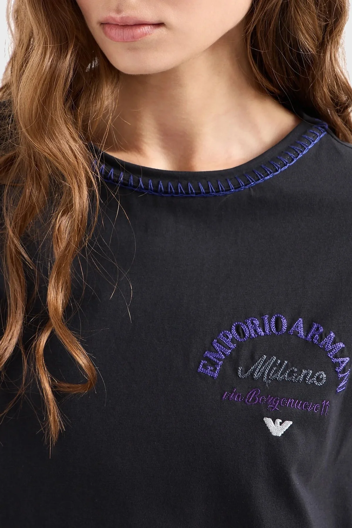 Emporio Armani Pamuklu Relaxed Fit Bisiklet Yaka Bayan T Shirt 3D2T8E 2JIDZ 0927 LACİVERT - 4