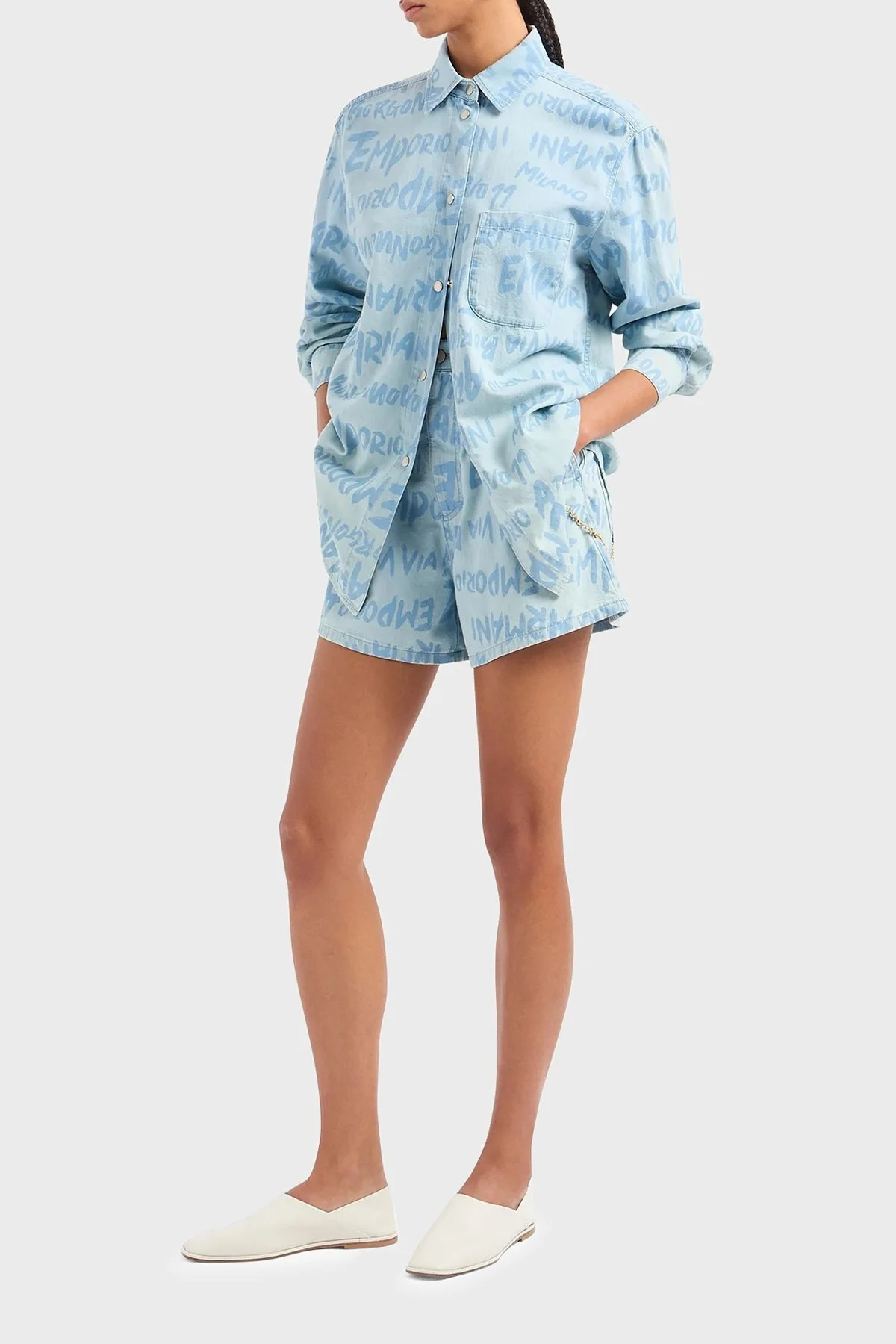 Emporio Armani Pamuklu Relaxed Fit Denim Bayan Gömlek 3D2C69 2DV2Z F701 MAVİ - 3