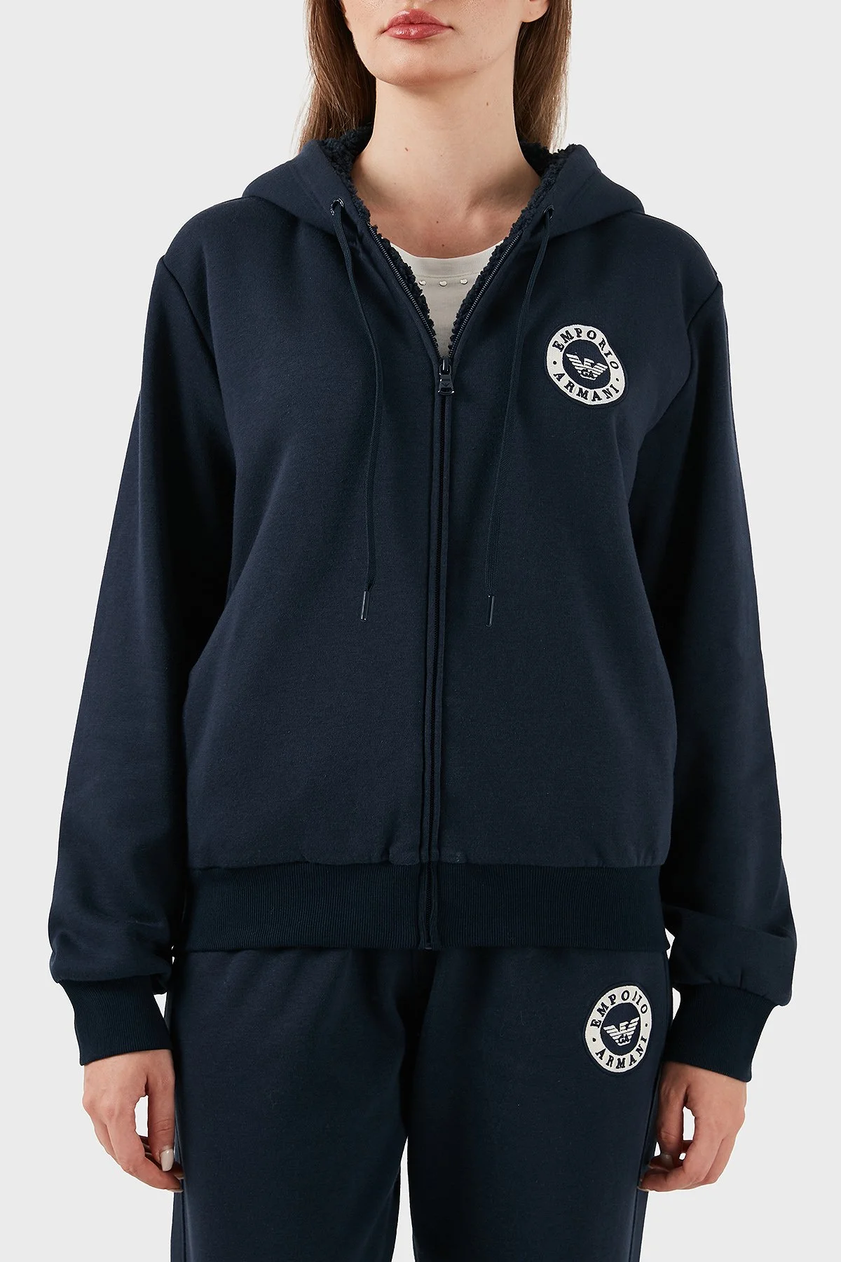 Emporio Armani Pamuklu Relaxed Fit Kapüşonlu İçi Yumaşak Tüylü Fermuarlı Bayan Sweat EW001935 AF15363 UB101 LACİVERT - 1