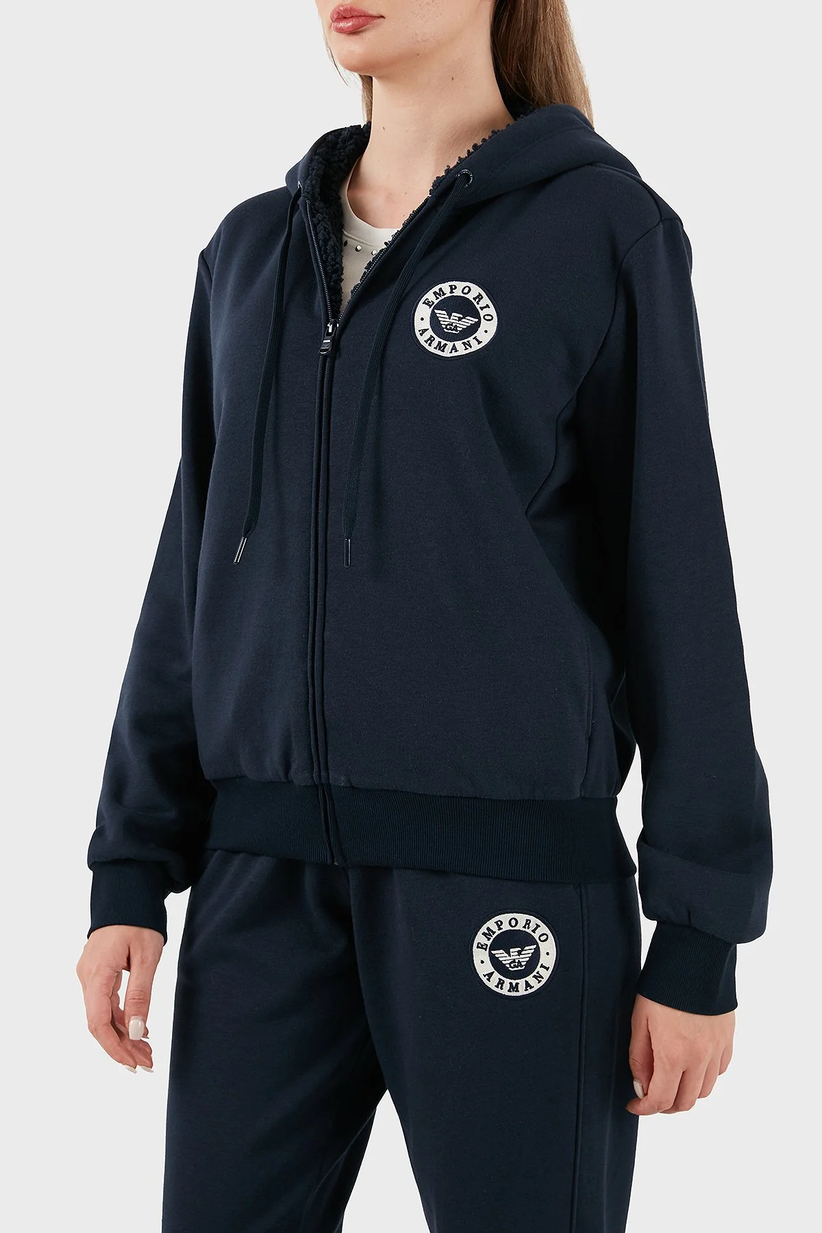 Emporio Armani Pamuklu Relaxed Fit Kapüşonlu İçi Yumaşak Tüylü Fermuarlı Bayan Sweat EW001935 AF15363 UB101 LACİVERT - 5